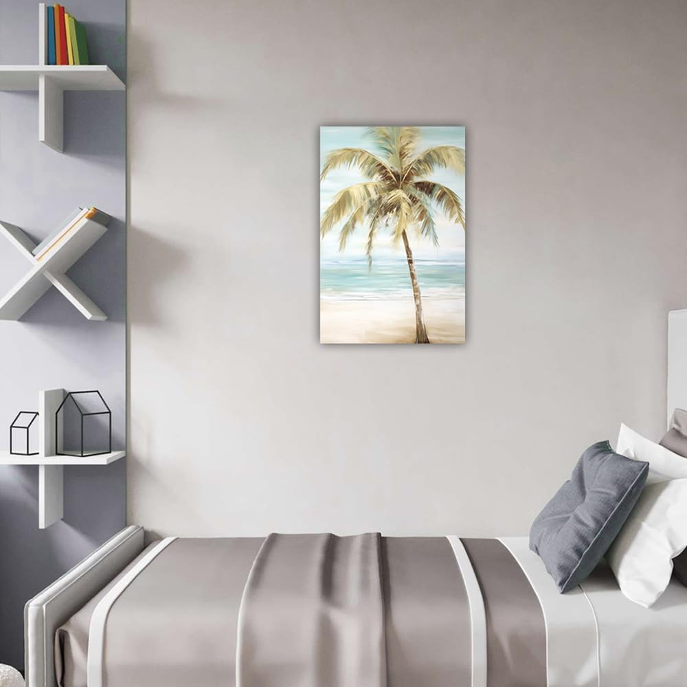 LURENCZH Tropical Beach Canvas Wall Art Seaside Palm Tree Picture Wall Decor Ocean Scenery Painting Prints for Bathroom Decor Framed(Beach-1,12.00" x 18.00")