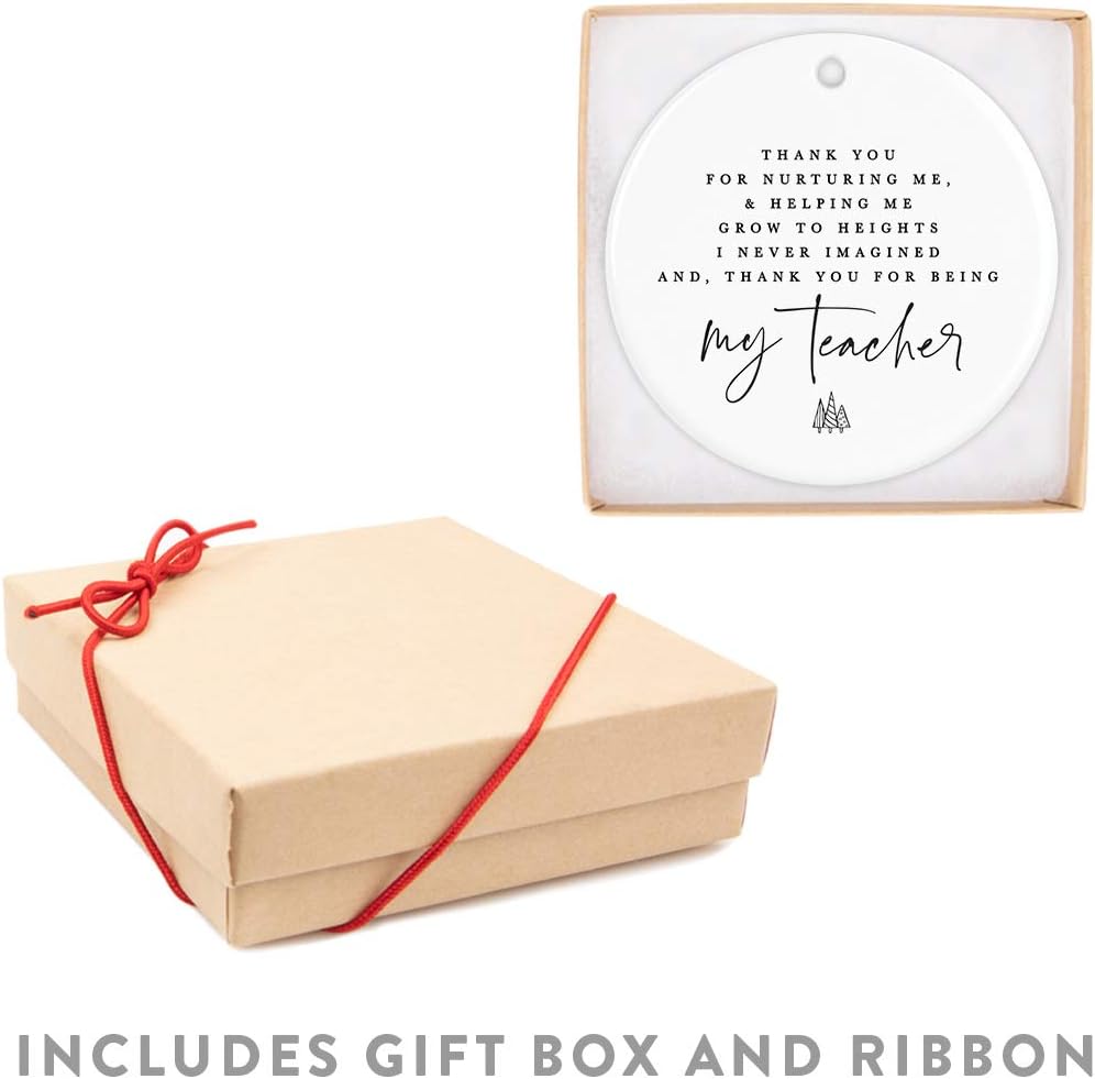 Andaz Press Round Ceramic Porcelain Christmas Tree Ornament for Teacher Thank You Gift, Thank You for Me, and Me Grow to Heights I Never Imagined. Thank You for Being My Teacher, Tree Graphic, 1-Pack