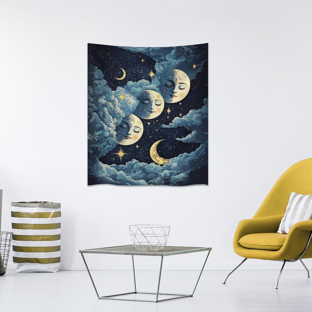 Blue Moon Faces Tapestry Celestial Wall Art Dark Academia Aesthetic Print Stars Clouds Tapestries Wall Hanging whimsical Gothic Home Decor for Bedroom Living Room 50x60inch