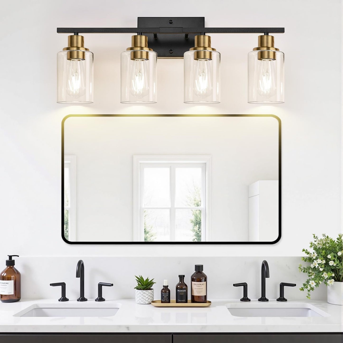 4-Light Bathroom Light Fixtures, Black and Gold Modern Vanity Lights with Clear Glass Shades, Bathroom Wall Lamp for Mirror Living Room Cabinet Bedroom Porch