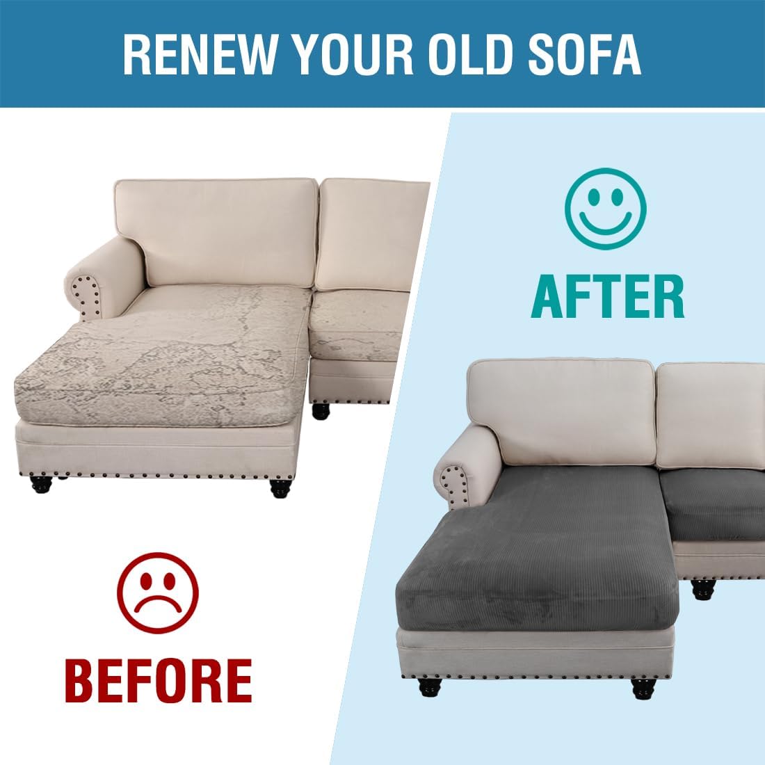 H.VERSAILTEX Velvet Stretch Sectional Couch Covers, 3 Pieces, L-Shaped with Separate Cushions - For Both Left/Right Couch Types (Large Sofa 2 Seater + Chaise, Grey Striped)