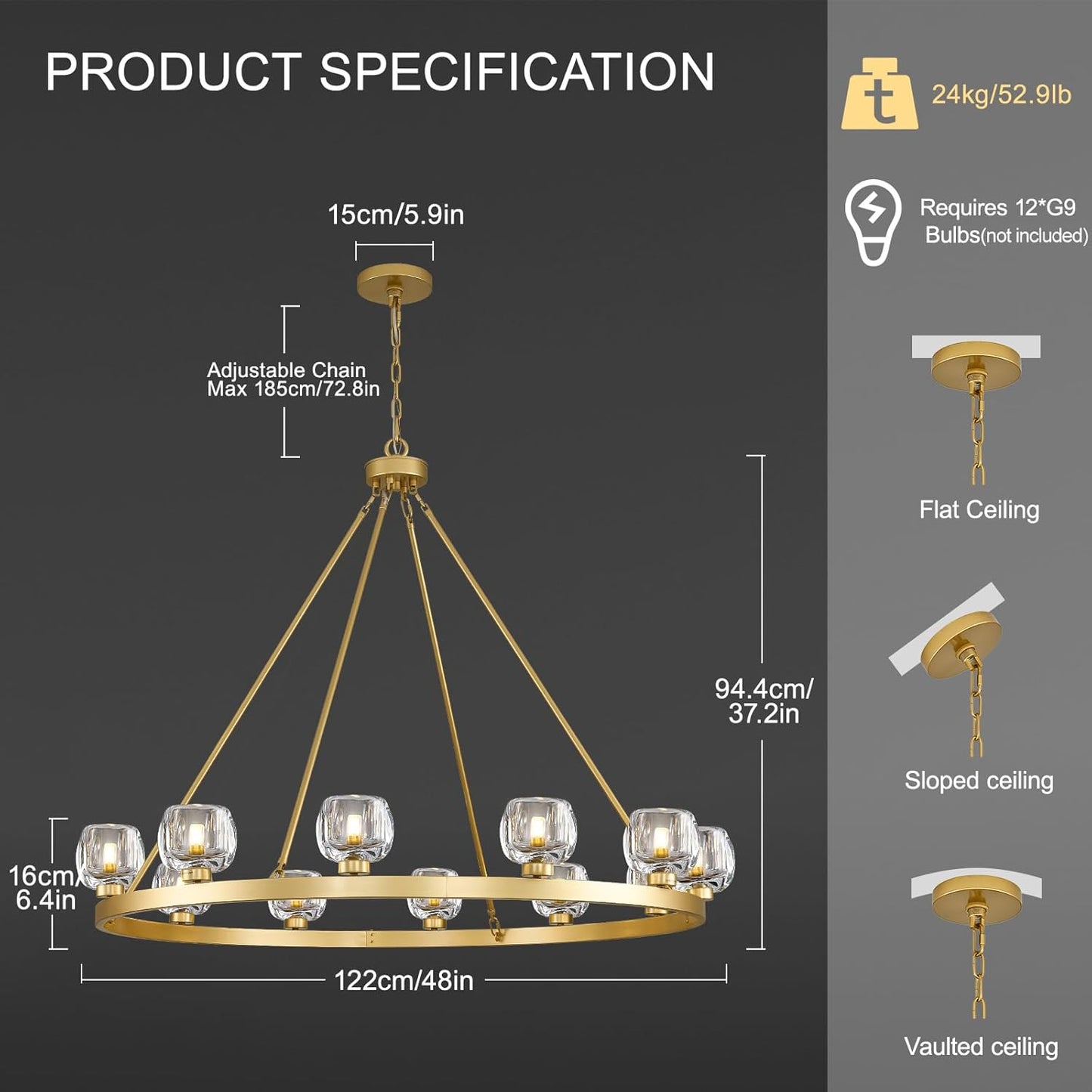 Gold Wagon Wheel Chandelier, 48 Inch Brass Chandeliers with Unique Glass Shade, 12-Light Crystal Large Wagon Wheel Chandeliers for Dining Room, High Ceiling Round Chandelier for Living Room, Foyer