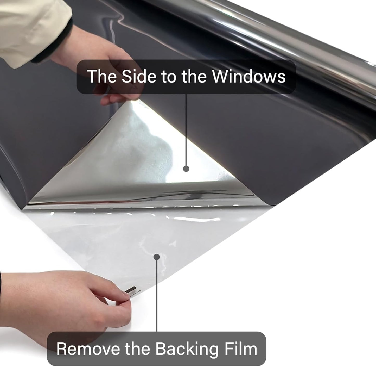 Kromapolis One Way Window Privacy Film Reflective Mirror Home Window Tint, Daytime Privacy Heat Control Anti UV Glass Tinting Static Cling (Black-Silver, 23.6 x 157.4 inch)