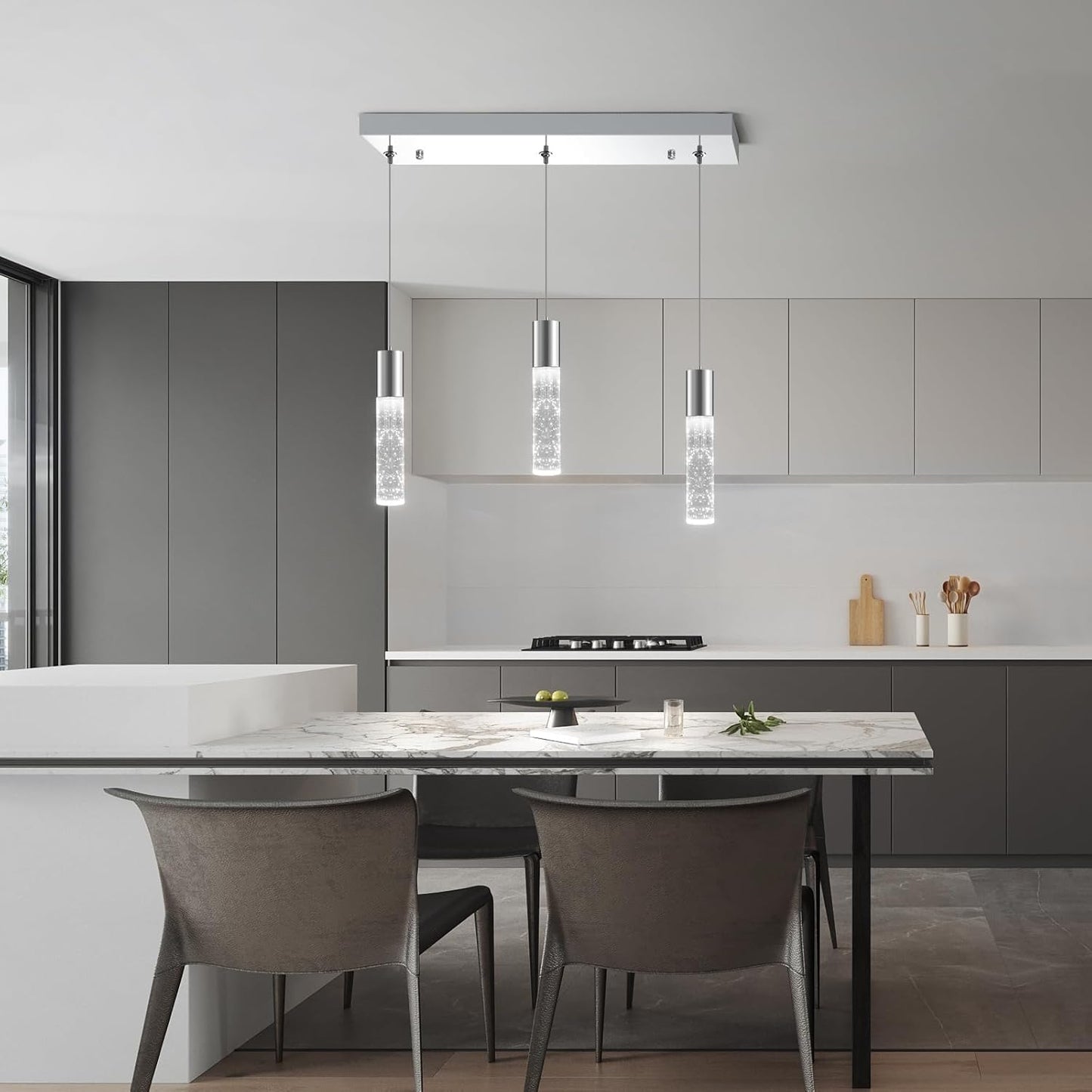 OKELI 3-Light Dimmable LED Pendant Lighting for Kitchen Island, 18W 1350LM Modern Crystal Bubble Island Light Fixture, 6000K Cool White, Adjustable Electro-Chrome Fixture, Easy Install, Square