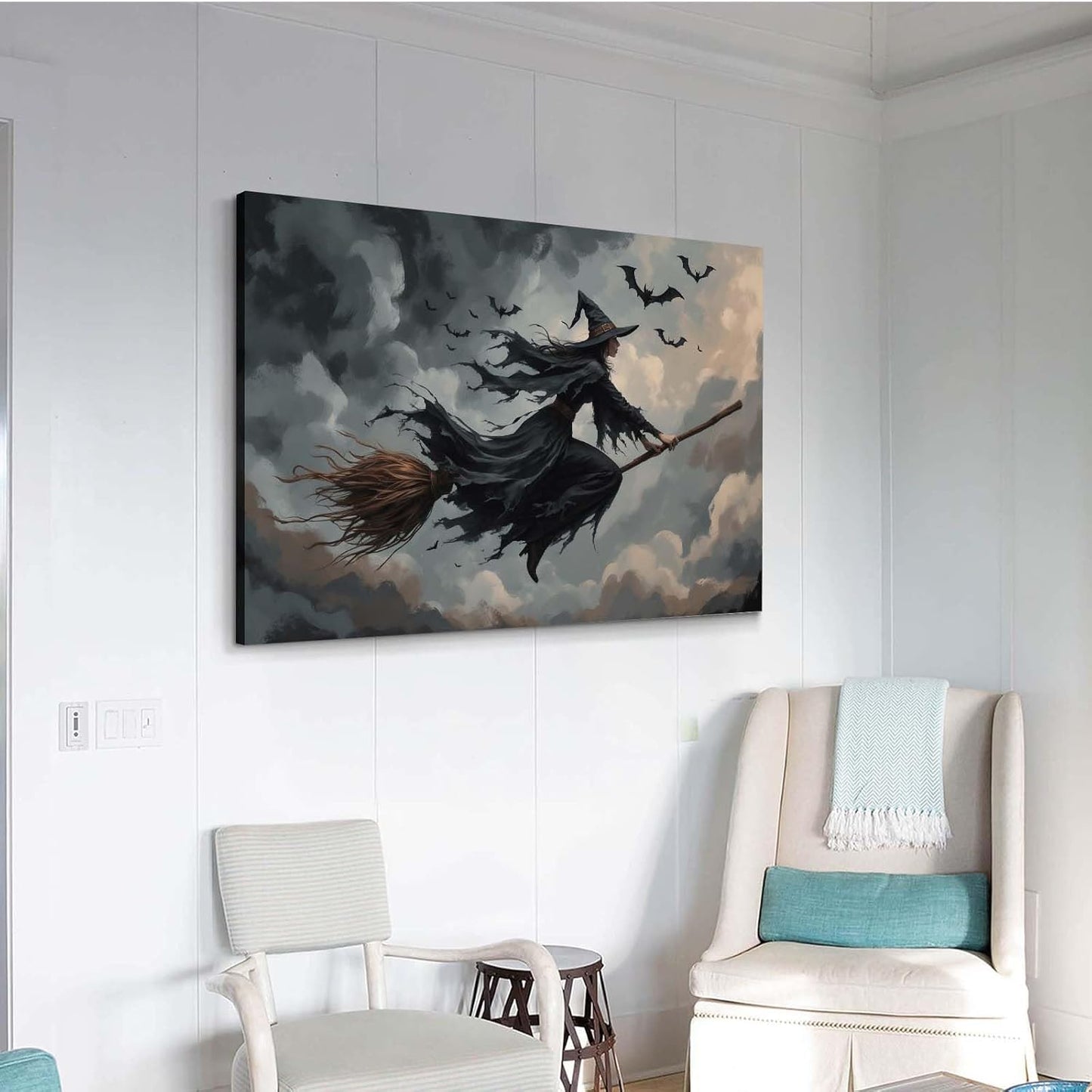 Witch and bat flying Halloween poster suitable for home party wall decoration retro Halloween preppy style wall art canvas print suitable for room decoration20x30in Wood Framed