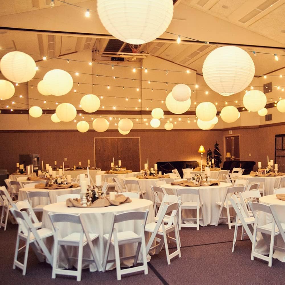 Paper Lanterns Decorative, White Hanging Round Chinese Lanterns with Lights for Wedding Anniversary Birthday Party 12 LED Light Pack of 12