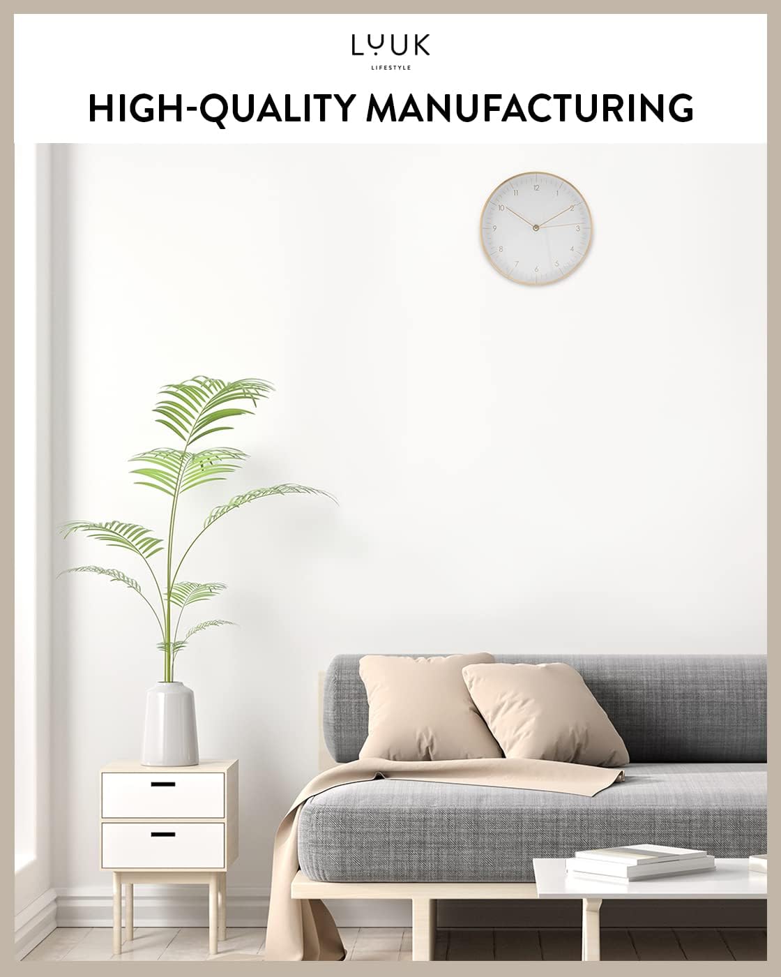 LUUK LIFESTYLE Silent Quartz Wall Clock, Nordic and Minimalist Design, Interior Decoration for Living Room, Kitchen, Bedroom, White and Gold