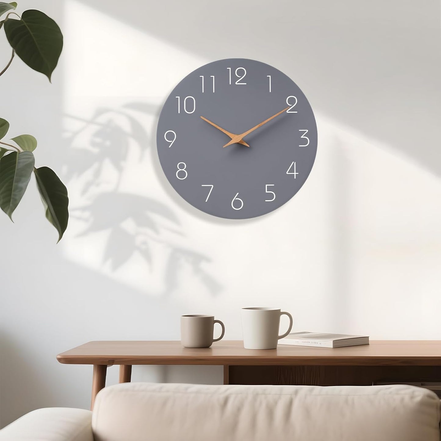Mosewa Wall Clock 12 Inch Gray Silent Non Ticking Battery Operated Modern Simple Wooden Clock Decorative for Kitchen Home Bedroom Bathroom Office Living Room
