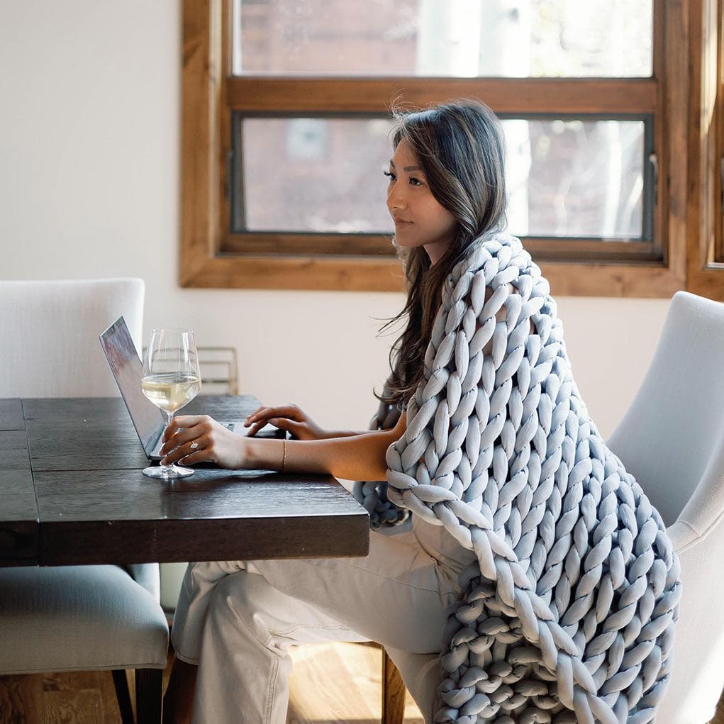 Nuzzie Chunky Knit Blanket - Breathable, Cooling, Hand Made Knit Throw Blanket for Sleep - Machine Washable, Stylish Decor Design (Misty Grey, Full | 16lbs | 48"x72")