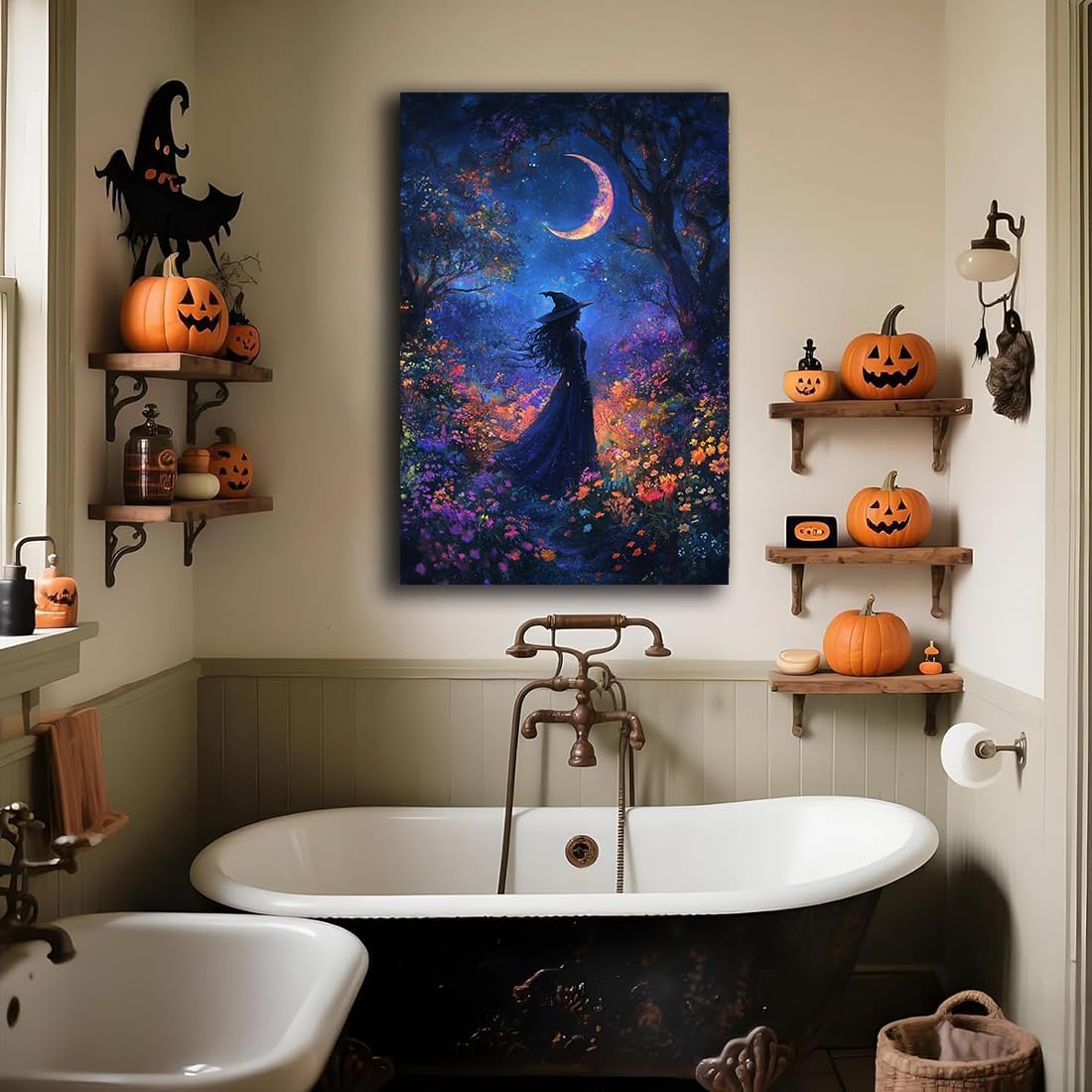 Vintage Halloween Witch Decor Mystic Gothic Wall Art Poster,Enchanting Witch Fall Whimsical Wildflowers Woodland Forest Crescent Moon Picture Art,Creepy Witchy Home Decor,24"x36" Framed