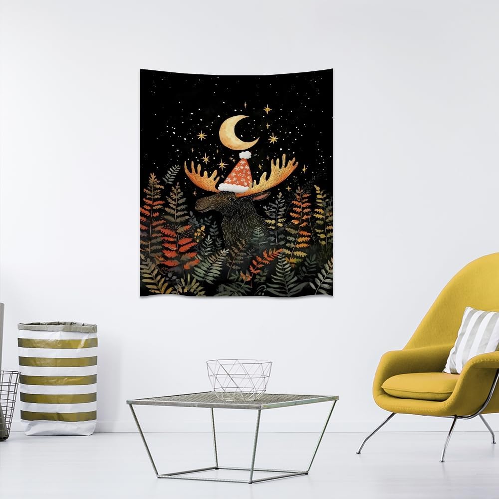 Cute Moose Tapestry Winter Christmas Aesthetic Wall Hanging Decor Funny Animal Lover Gift Whimsical Christmas Tapestries for Nursery Kids Bedroom Home Living Room Decoration 60x80inch