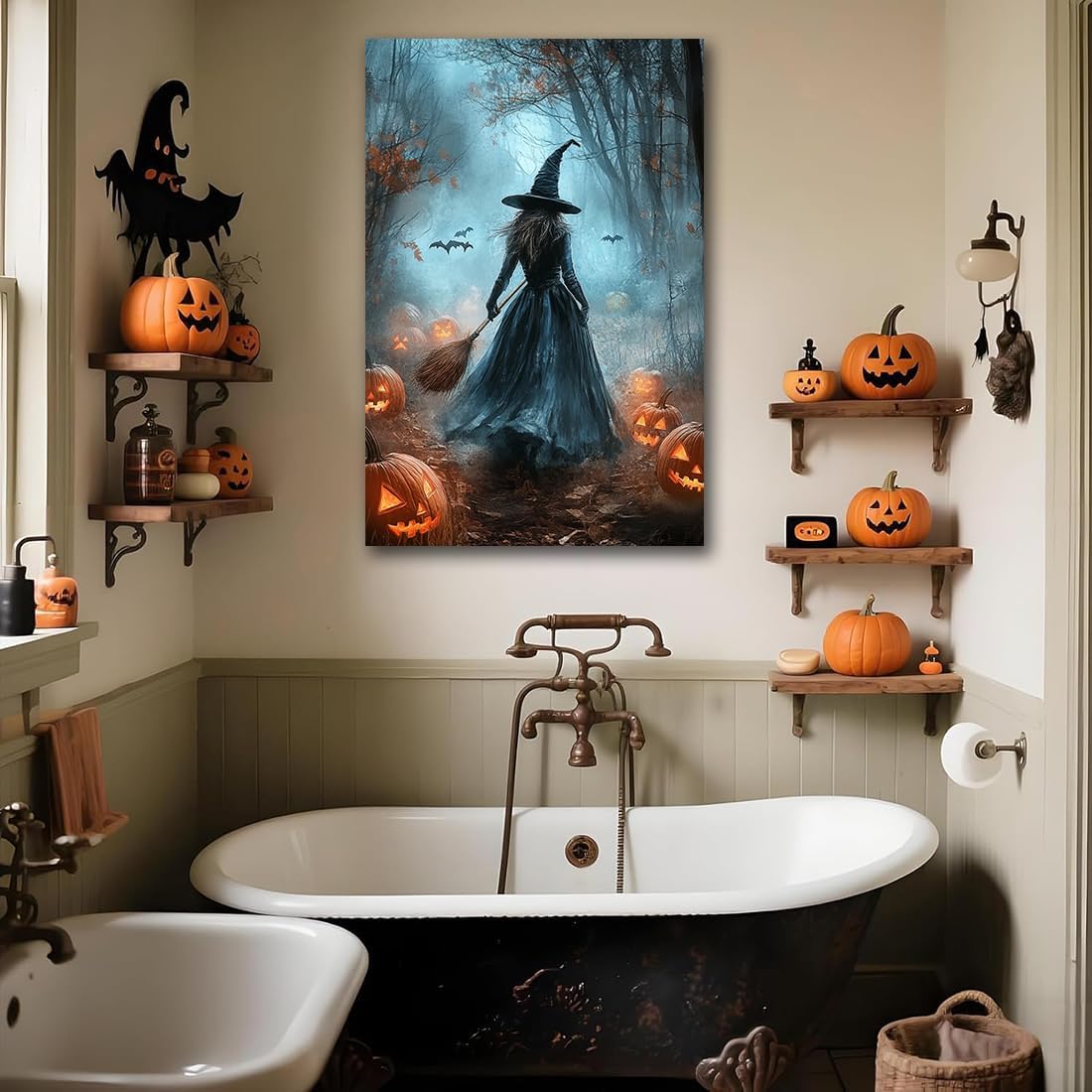 Vintage Moody Halloween Witch Artwork Wall Decor,Spooky Halloween Gothic Canvas Artwork Creepy Horror Witch with A Broom Pumpkin Bats Rustic Forest Picture,Dark Academia Poster,12"x18" Framed