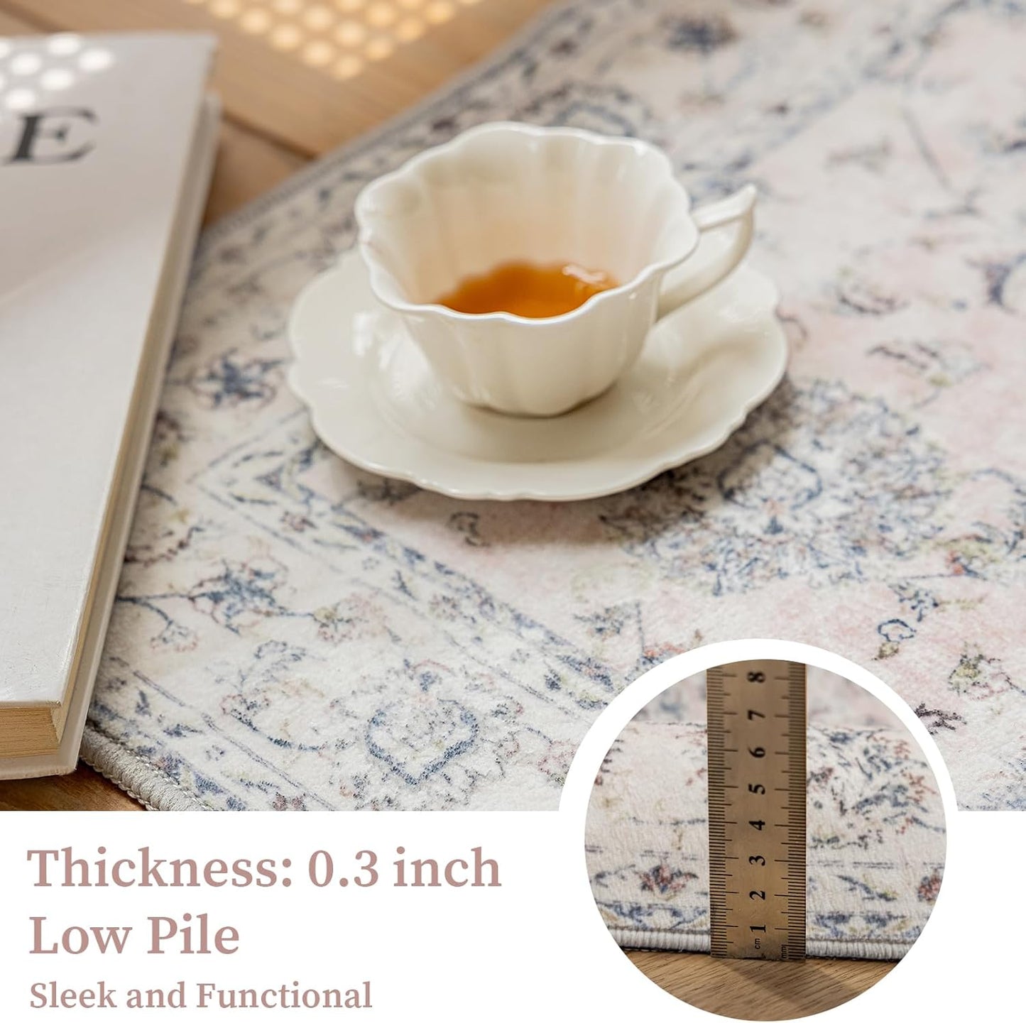 2'x3' Vintage Floral Rug - Persian Inspired Low-Pile Faux Wool Area Rug, Non-Slip Washable Small Rug for Bedroom, Nursery, Dorm, Soft Pink Boho Chic Decor