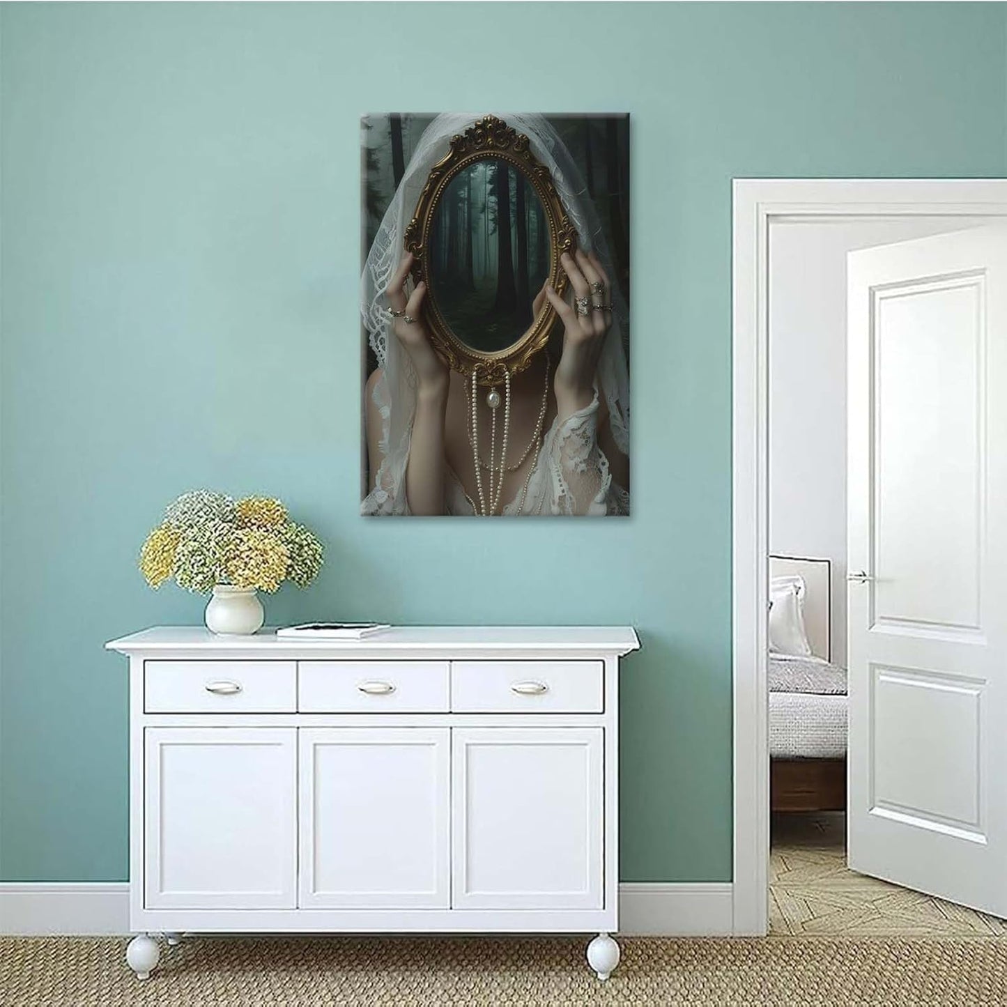 Mirror face covering dark art poster print melancholy gothic painting vintage feminine print victorian style decoration antique art20x30in Frameless