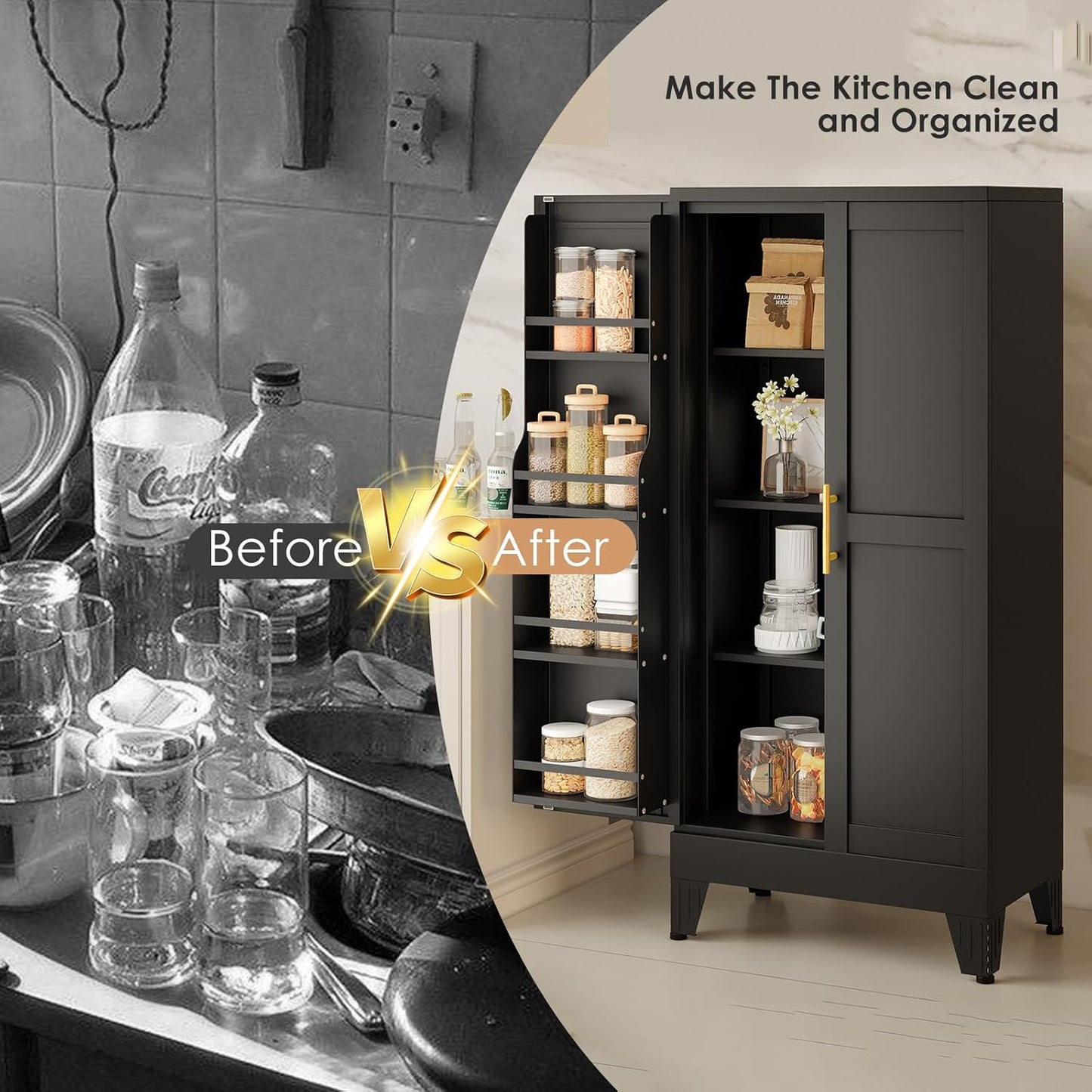 51" H Metal Kitchen Pantry Storage Cabinet, Freestanding Cupboard Storage Cabinet with Doors and Adjustable Shelves, Large Stand Up Food Cupboard for Living Room, Dinning Room, Black