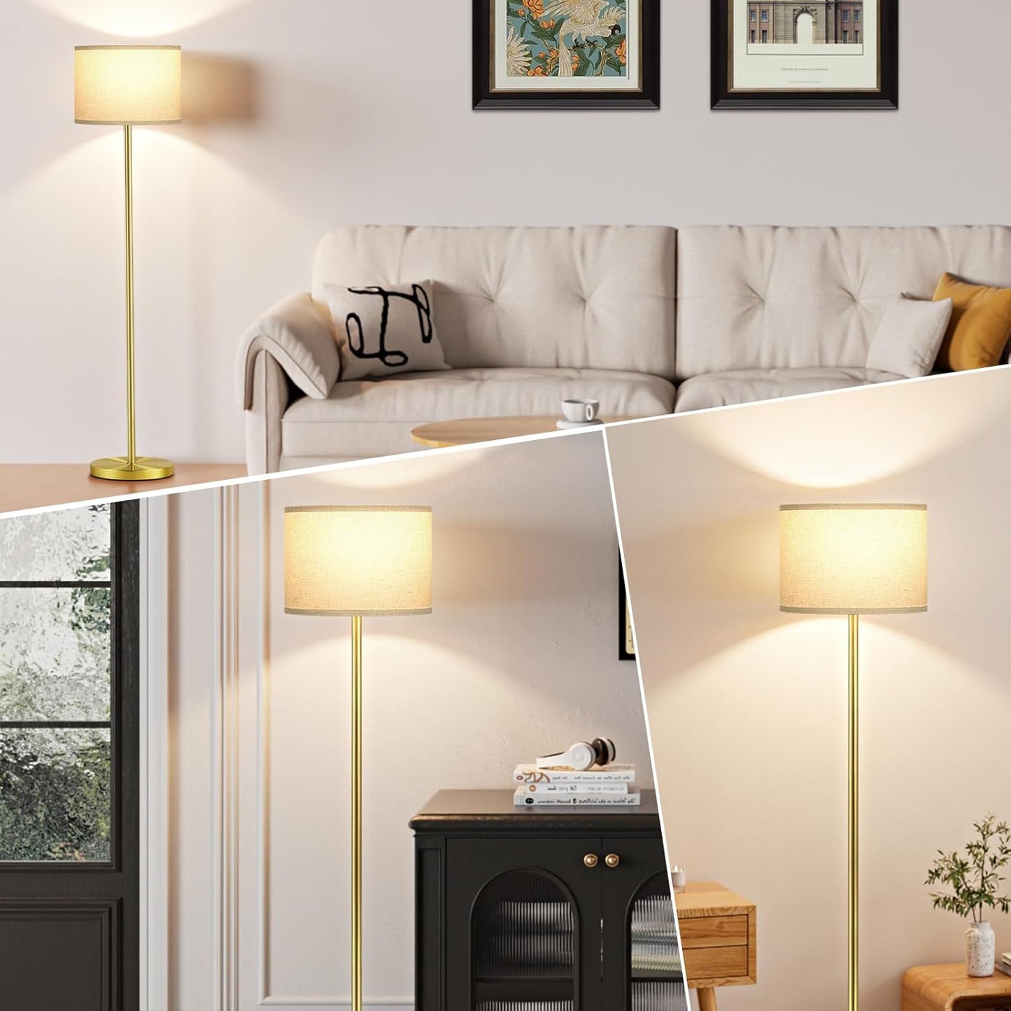 Ambimall 60'' Modern Floor Lamp with Shade, Tall Lamps for Living Room, Bedroom, Office, Dining Room, Beige Shade with Brushed Gold Pole(Without Bulb)
