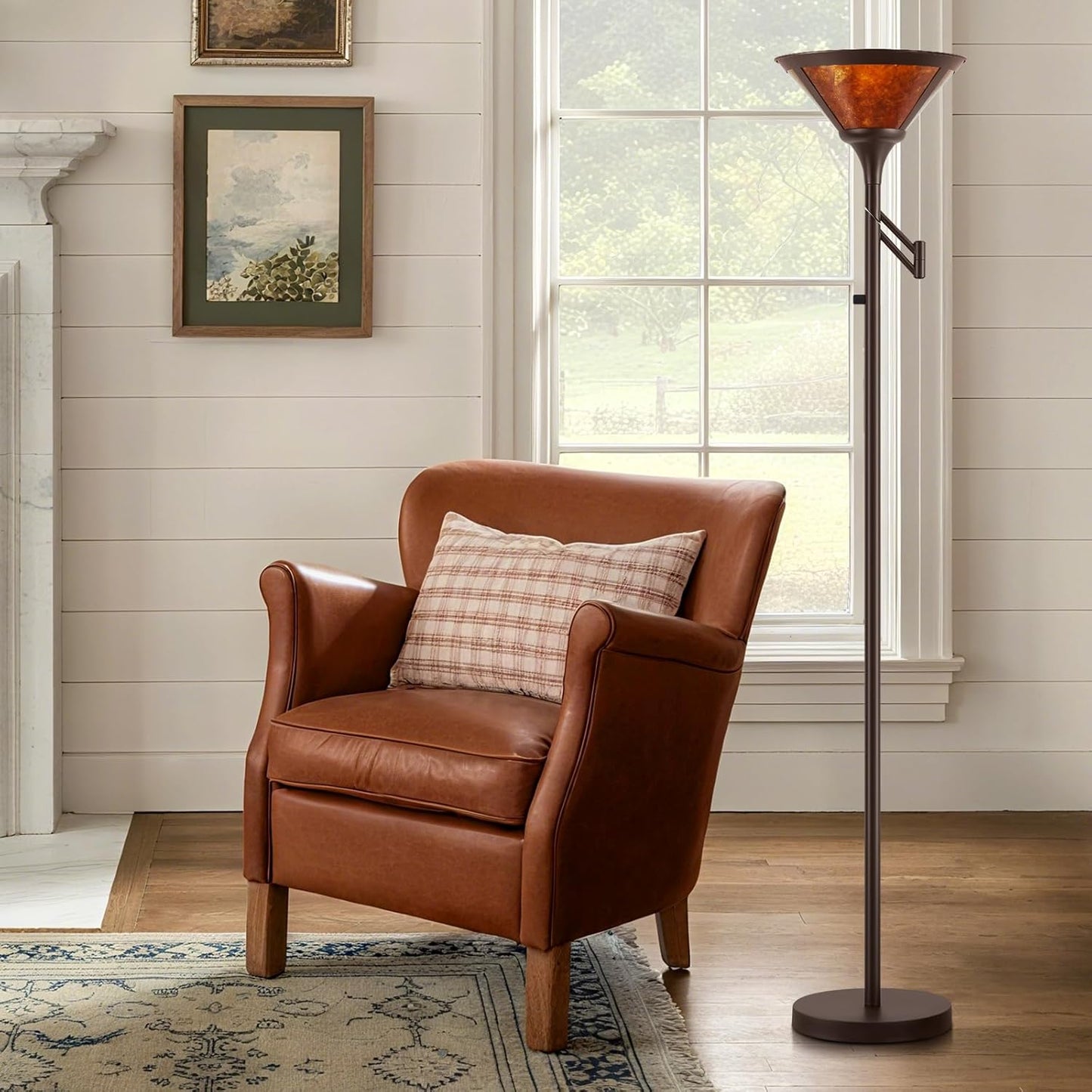 Floor Lamps for Living Room - 70" Brown Torchiere Standing Floor Lamp with Adjustable Swing Arm - Tall Corner Lamp Decor for Bedroom with Mica Shade LED Reading Light for Home Office