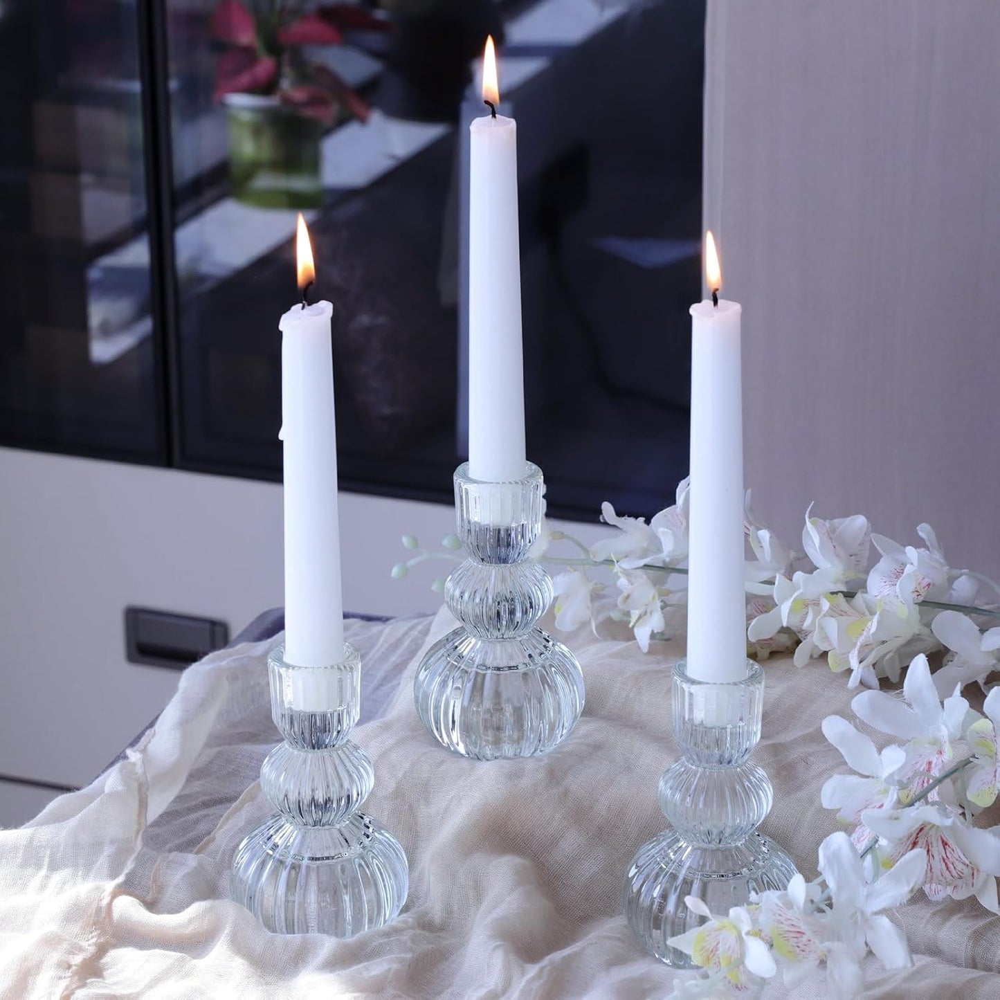 Woho Clear Taper Candle Holders 4.3" H Set of 3 for Wedding Table, Ribbed Glass Candlestick Holders for Daily Home Decor, Vintage Candle Sticks Holder Decor for Thanksgiving Christmas