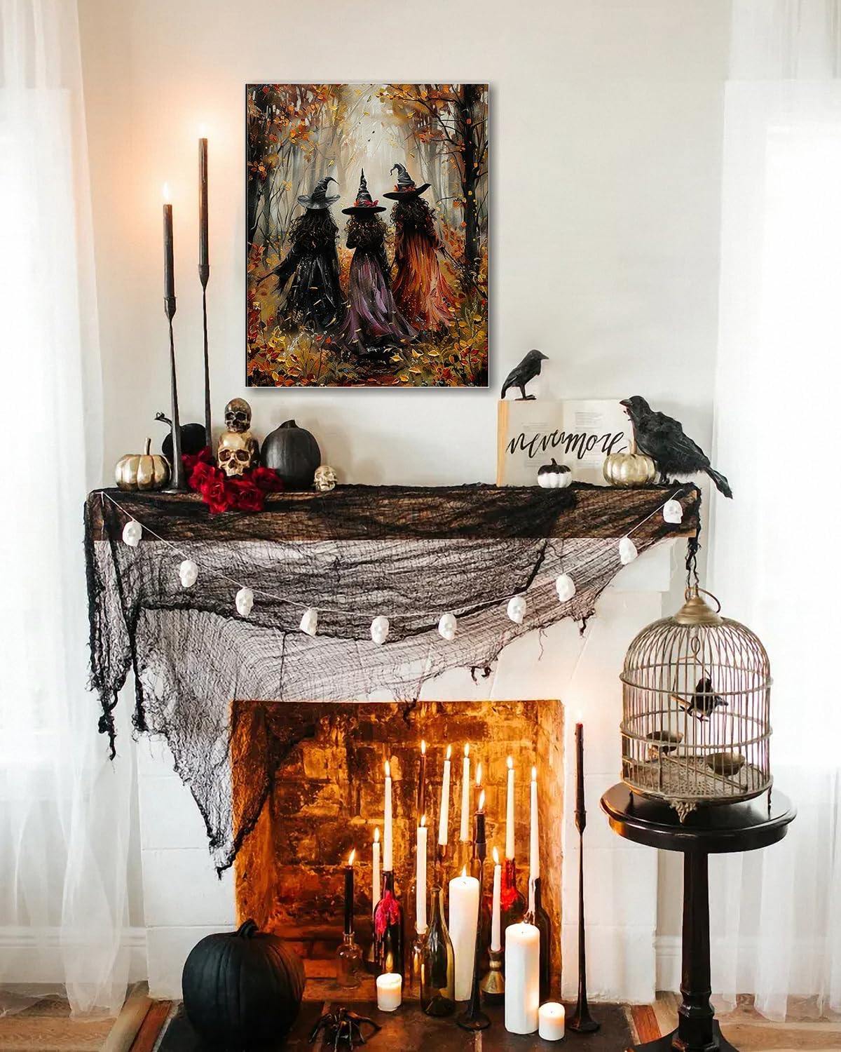 Halloween Canvas Wall Art, Vintage Three Witches Poster, Gothic Dark Academia Wall Decor, Spooky Halloween Decor for Living Room, Bedroom & Bathroom, Framed Fall Decorations Indoor