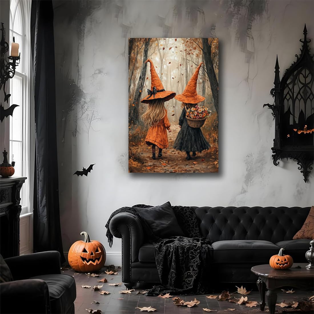 Fall Wall Art Witch Picture Decor,Little Girl Witch Halloween Wall Art, Vintage Autumn Whimsical Woodland Forest Picture, Family Room Nursery Playroom Children Room Decoration,12"x18" Framed
