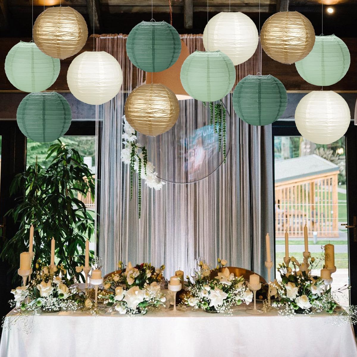 Paper Lanterns Sage Green Gold Round Hanging Chinese Lanterns for Birthday Party Baby Shower Bridal Shower Decorations Pack of 12