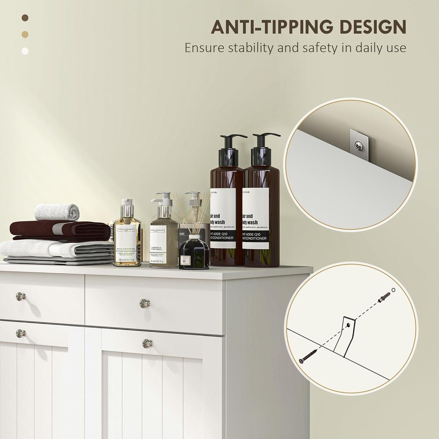 HOMCOM Laundry Hamper Cabinet with 2 Removable Baskets, Tilt Out Laundry Hamper Cabinet with 2 Drawers and 2 Beadboard Doors, Laundry Cabinet Bathroom Storage Cabinet, White