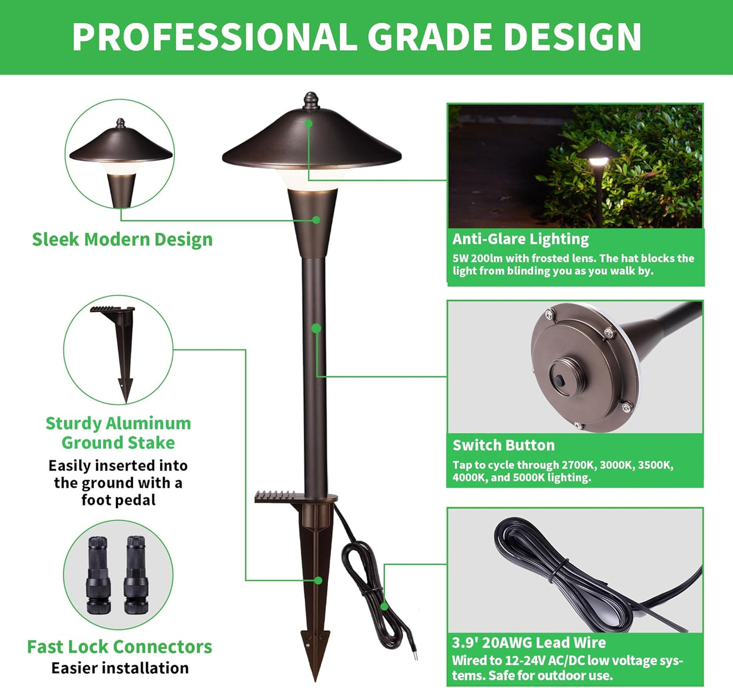 Outdoor Low Voltage Pathway Light - 5CCT Adjustable Walkway Lights LED, 12V Landscaping Pathlights, Mushroom Shape Driveway Lighting Waterproof IP65 ORB Aluminum for Sidewalk Lawn (10 Pack)