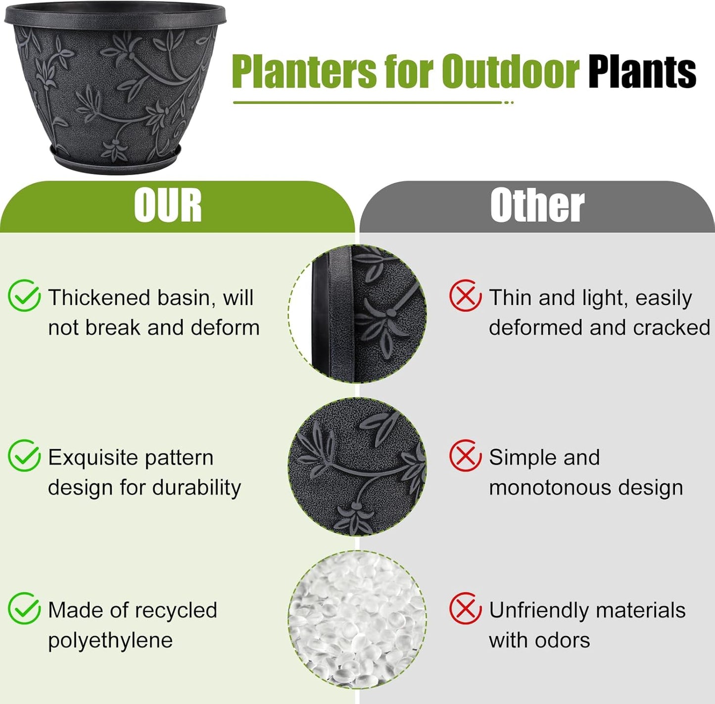 4 Pack 16 Inch Large Plant Pot for Outdoor, Plastic Flower Pot Indoor with Drainage Hole & Saucer, Modern Decorative Garden Pot, Imitation Magnolia Garden Pots for House Planters(Gray)