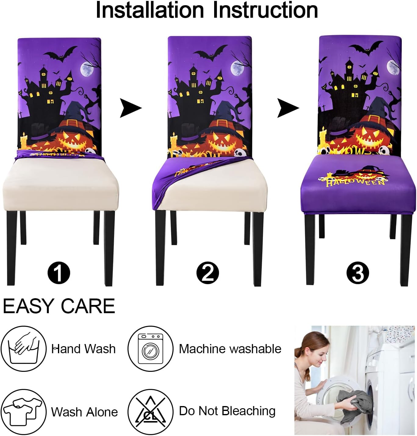 JQinHome Purple Halloween Chair Slipcover, Castle Chair Covers Set of 6, High Stretch Washable Chair Protector Cover for Dining Room, Kitchen,Home Party,Wedding Ceremony(Purple,6PC)