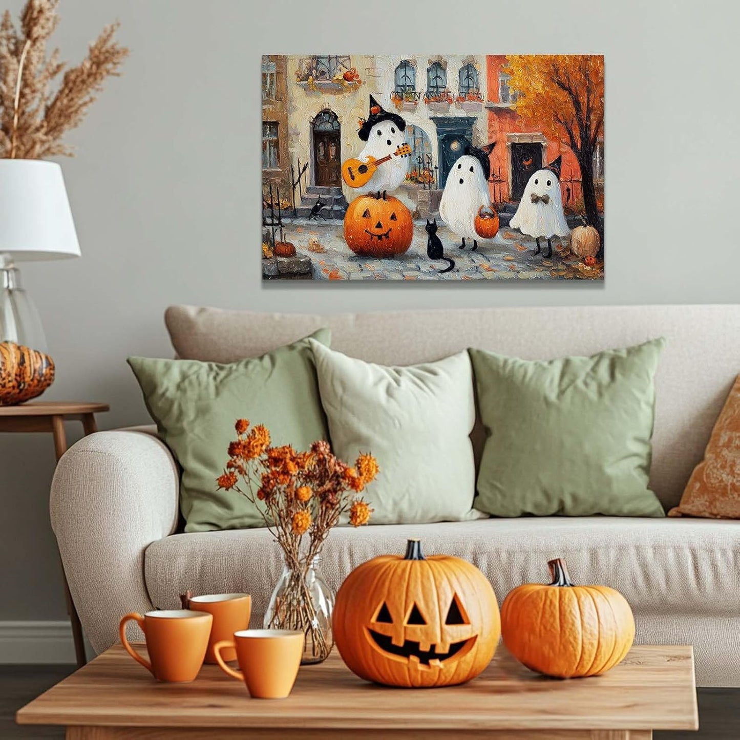 Laoife Vintage Halloween Canvas Wall Art, Autumn Pumpkin Cute Ghost Canvas Prints, Halloween Party House Decoration (Ghost 5)