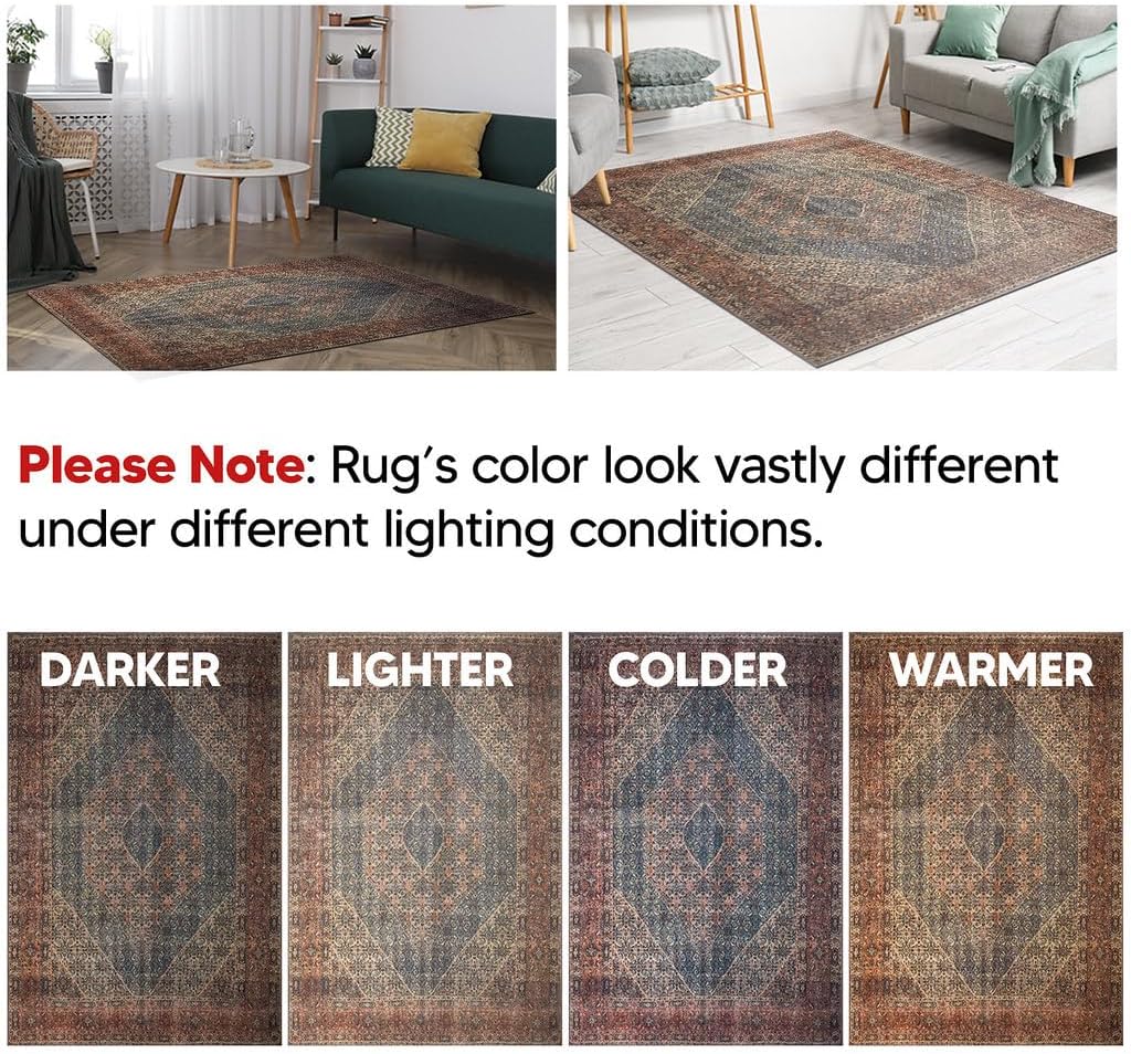 Keen Home Design 5x7 Rug - Machine Washable Area Rug with Non-Slip Backing, Ideal for Living Room, Dining Room, Bedroom - Vintage, Easy Clean, Durable, Low Pile Rug - (5' x 7')