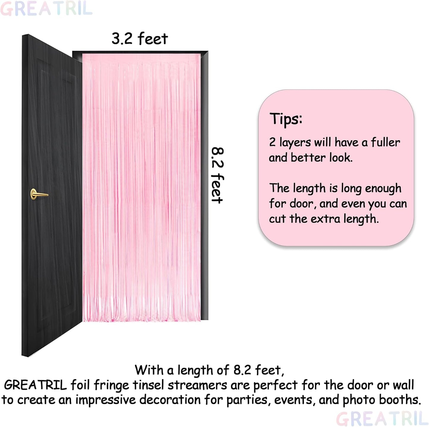 Pastel Pink Party Backdrop Decoration - GREATRIL Baby Pink Foil Fringe Streamers for Baby/Boo Day/Valentines/Cowgirl/Sweet/Cloud/Unicorn/Princess/Bow Themed - 3.2ft X 8.2ft - 2 Packs