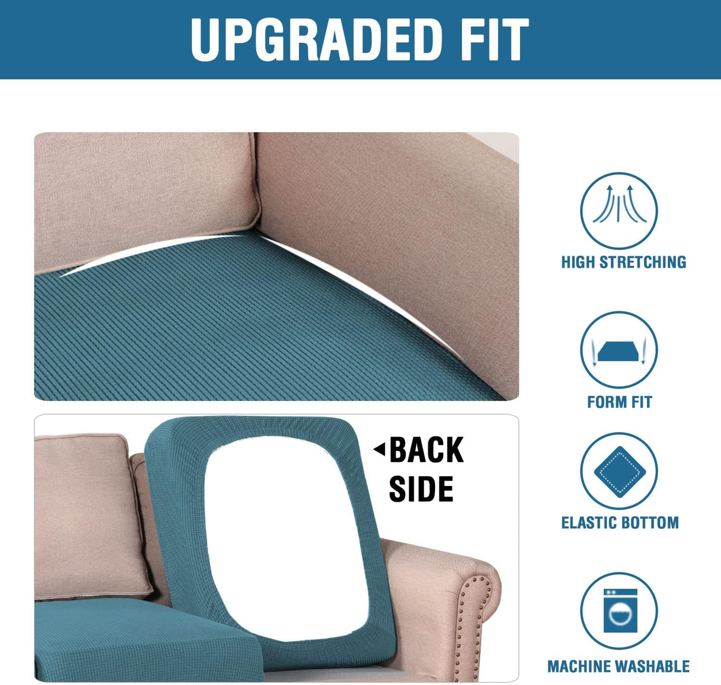 H.VERSAILTEX Super Stretch Individual Seat Cushion Covers Sofa Covers Couch Cushion Covers Slipcover Sets Thick Jacquard Textured Twill Fabric (2 Piece Large Sofa Cushion Covers, Storm Blue)