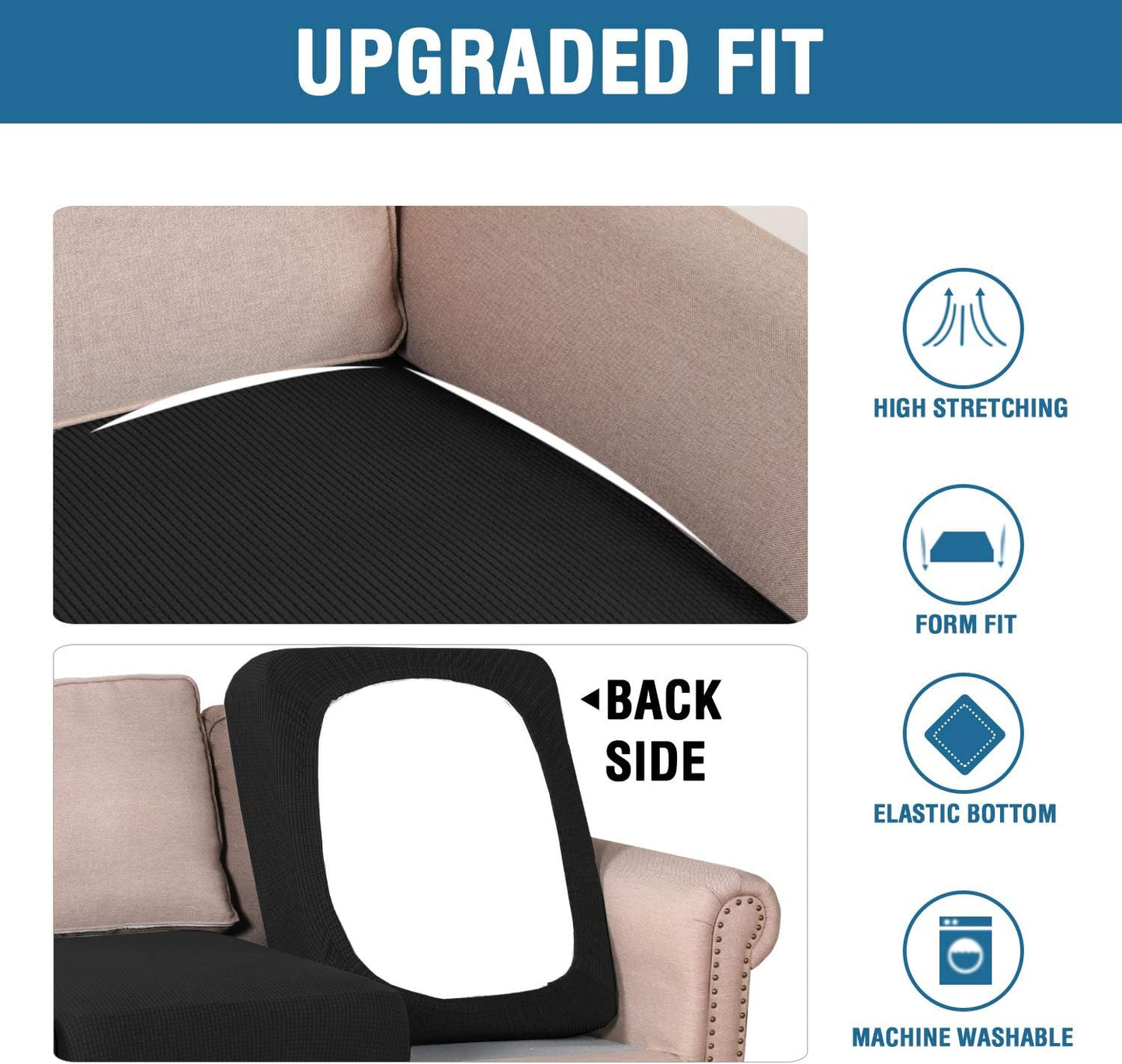 H.VERSAILTEX Super Stretch Individual Seat Cushion Covers Sofa Covers Couch Cushion Covers Slipcover Sets Thick Jacquard Textured Twill Fabric (2 Piece Medium Sofa Cushion Covers, Black)