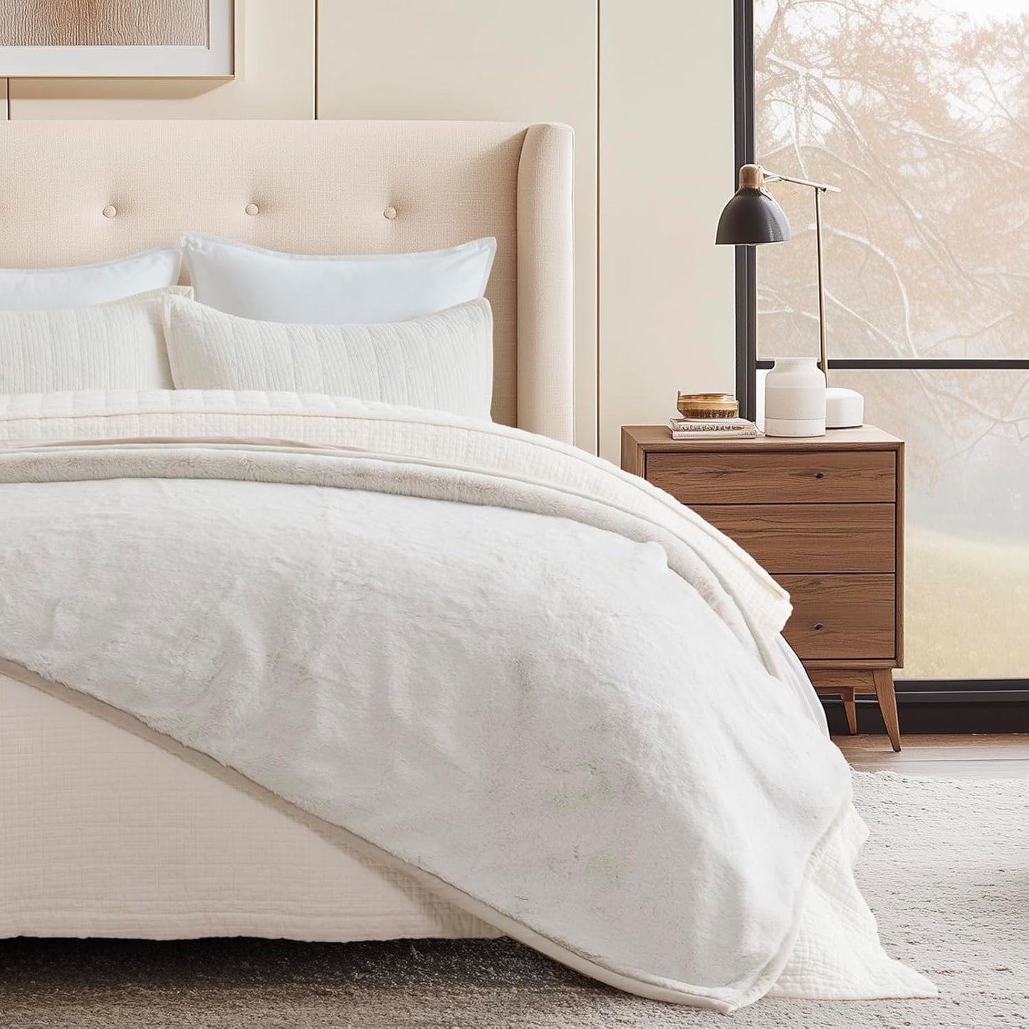 Ultra Soft Luxury Fluffy Mink Faux Fur Throw Blanket, Thick Warm Fall Winter Blankets for Bed, Couch, Cozy Plush Reversible Blanket for Chair, Sofa (Tipped Champagne Ivory, 50"x60")