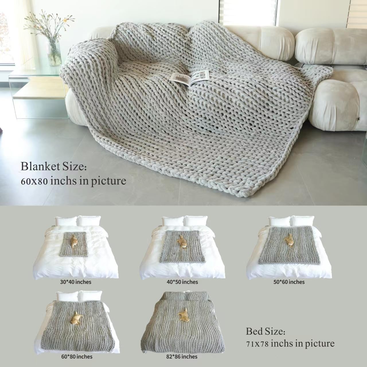 Maetoow Chenille Chunky Knit Blanket Throw (60×80 Inch), Handmade Warm & Cozy Blanket Couch, Bed, Home Decor, Soft Breathable Fleece Banket, Christmas Thick and Giant Yarn Throws, Cream