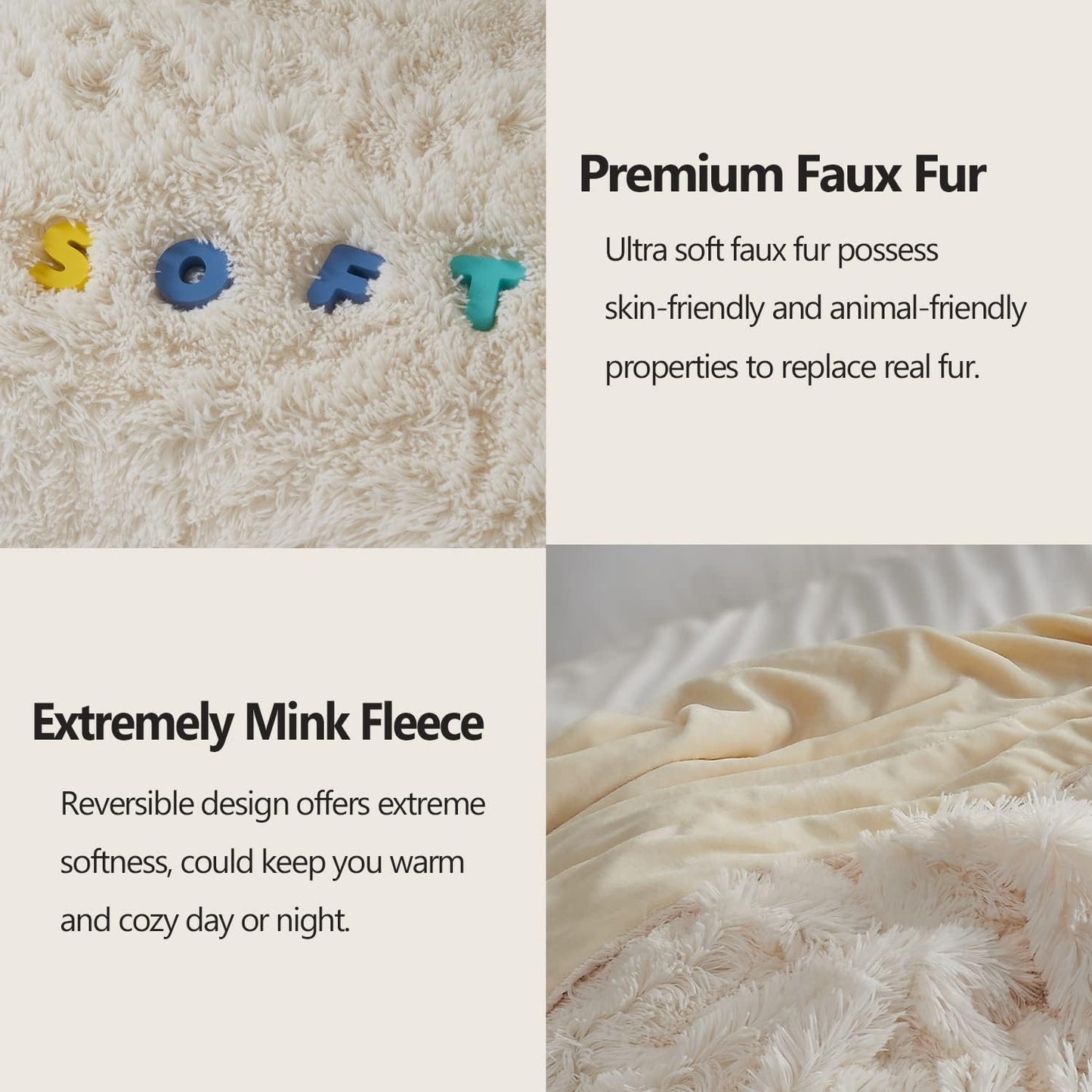 GONAAP Fuzzy Faux Fur Throw Blanket Queen Size Ivory Super Soft Cozy Plush Fuzzy Shaggy Blanket for Couch Sofa Bed (Ivory, Queen(90"x90"))