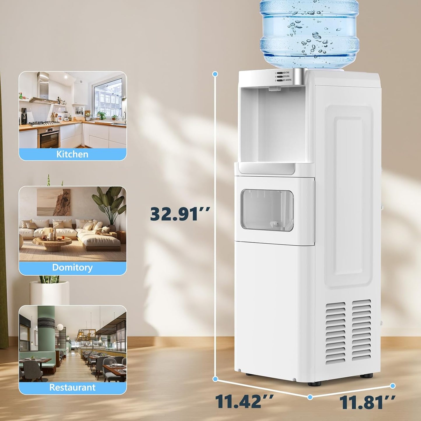 COWSAR 3-in-1 Water Cooler with Ice Maker, Hot & Cold Top Loading, Water Dispenser for 5 Gallon Bottle, 33LBS/24H Ice Maker with Child Safety Lock, White
