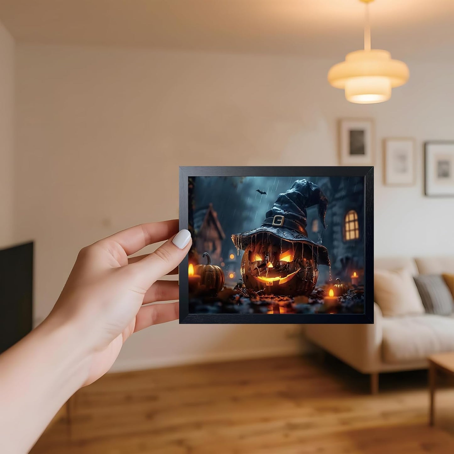 Wood Framed Dark Halloween Pumpkin Wall Art, Gothic Witch Hat Jack-o'-Lantern Canvas Print, Dark Academia Spooky Haunted House Poster Wall Art for Living Room Bedroom Room Aesthetics 8x10 inch