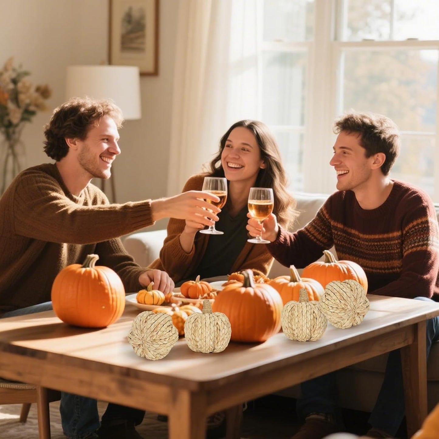 naturevibe 4.3 Inches Braided Cornhusk Pumpkin Decor Set of 4 as Centerpieces for Tables,Natural Corn Stalks Woven Pumpkins for Fall Home Decor,Thanksgiving Decorations or Autumn Harvest Gifts