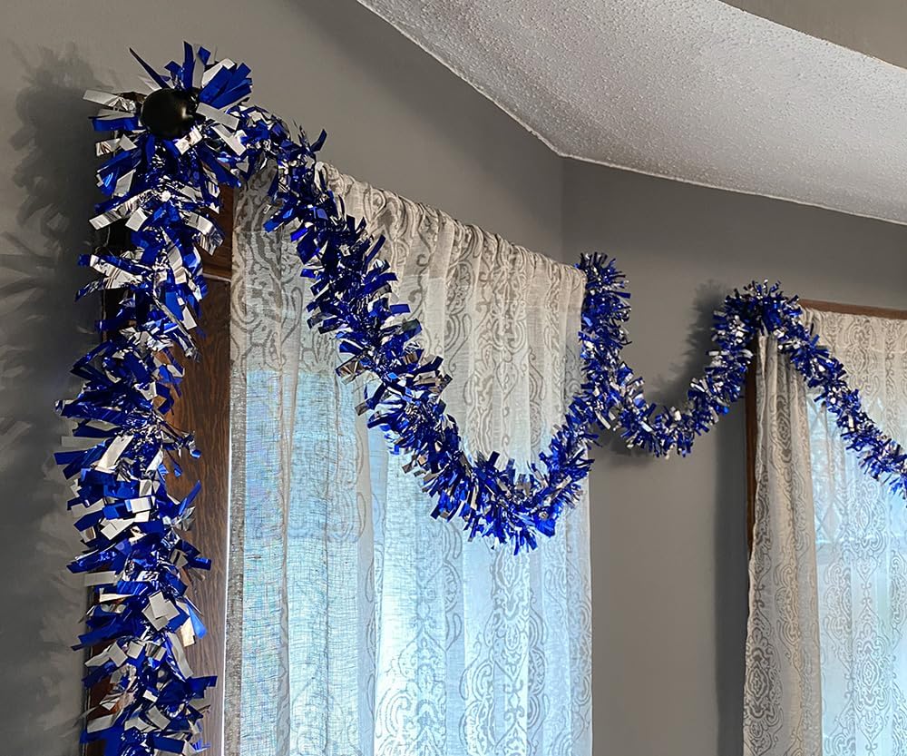 Anderson's Blue & Silver Metallic Tinsel Twist for Trailer Or Golf Cart, 4 inches Wide x 25 ft Long, Christmas, Birthday, Patriotic, Graduation and Holiday Garland Decor for Parties and Parades