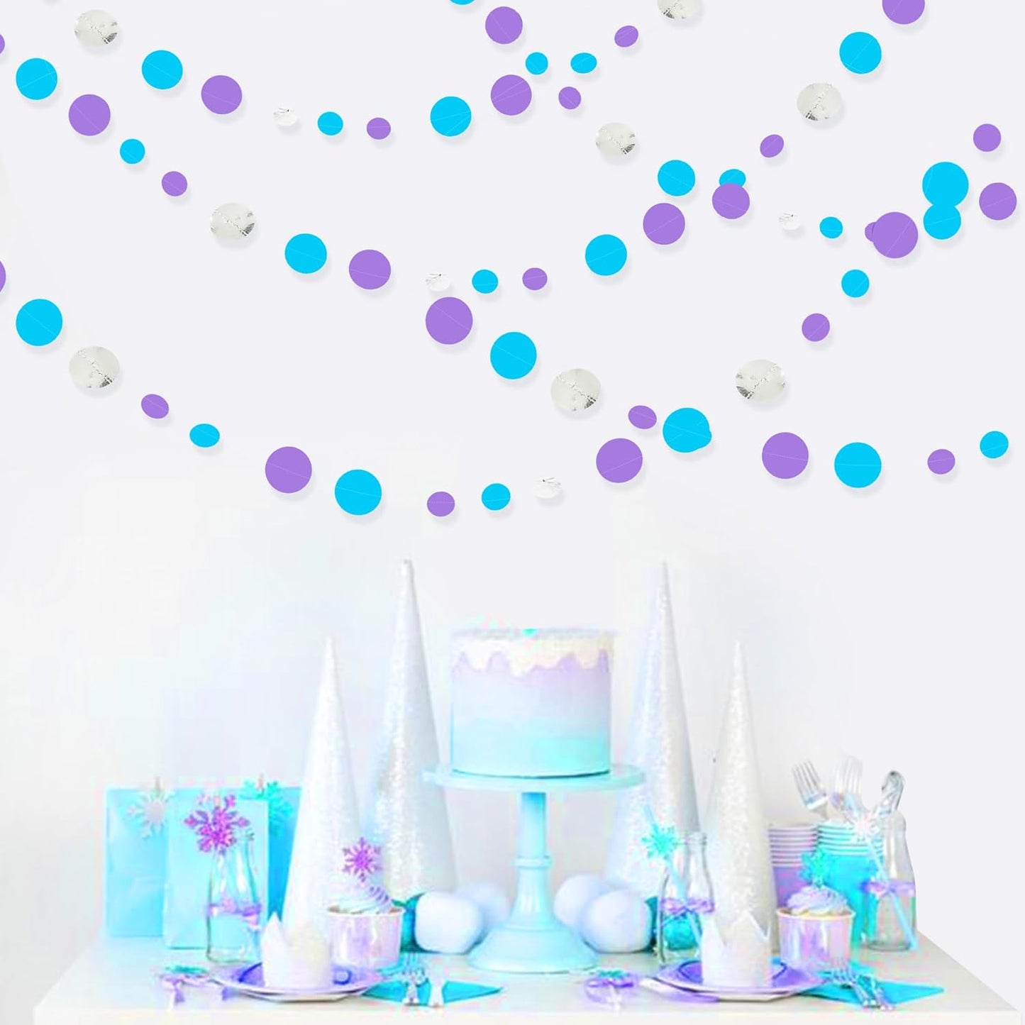 46 Ft Frozen Party Decorations Purple Blue Silver Polka Dots Garlands Hanging Paper Circle Dots Streamer for Frozen Birthday Winter Wonderland Christmas Holiday Wedding Baby Shower Party Supplies