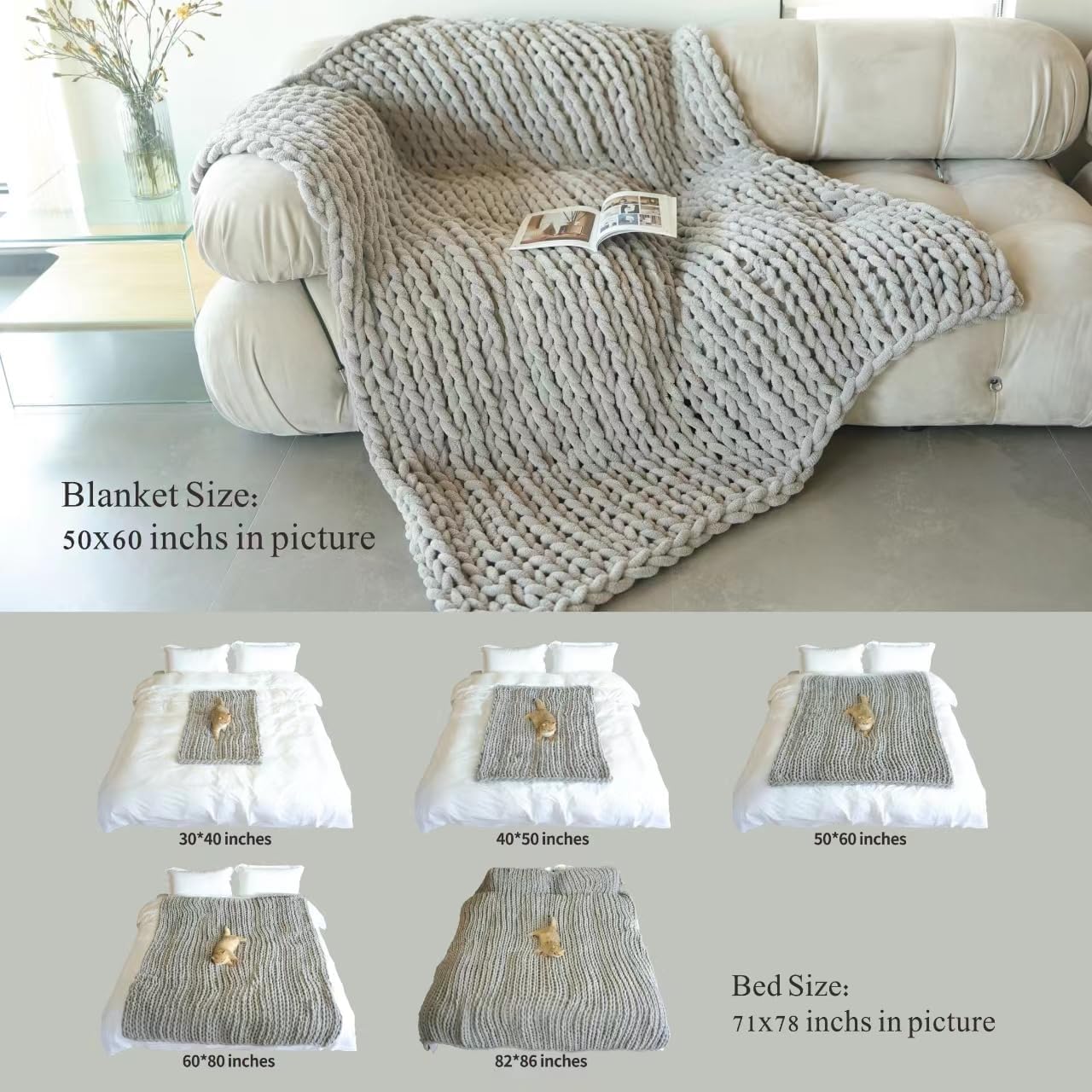 Maetoow Chenille Chunky Knit Blanket Throw (50×60 Inch), Handmade Warm & Cozy Blanket Couch, Bed, Home Decor, Soft Breathable Fleece Banket, Christmas Thick and Giant Yarn Throws,Cream