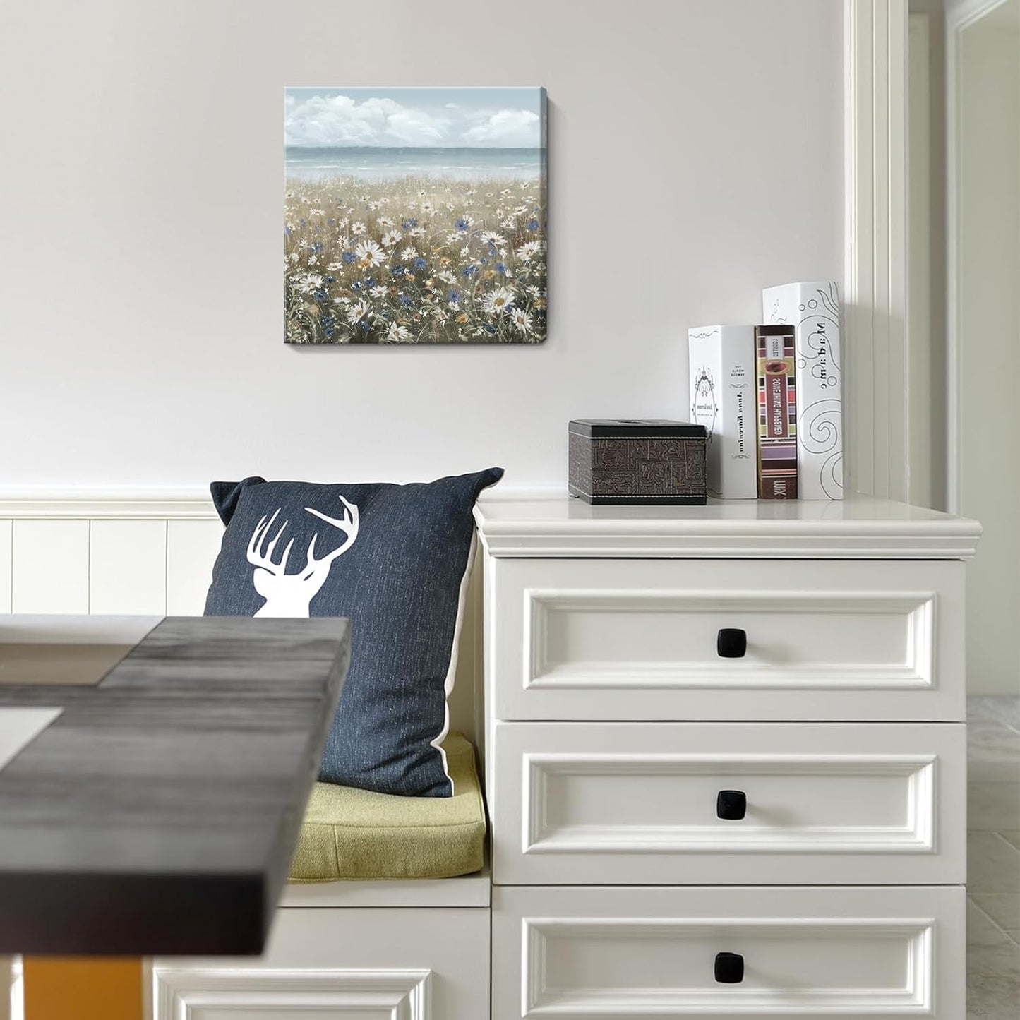 Canvas Wall Art Beach Floral Wall Picture Coastal Boho Farmhouse Daisy Flowers Nautical Sea Ocean Wildflowers Canvas Print Vintage Artwork for Small Rustic Bathroom Bedroom Living Room Office Décor