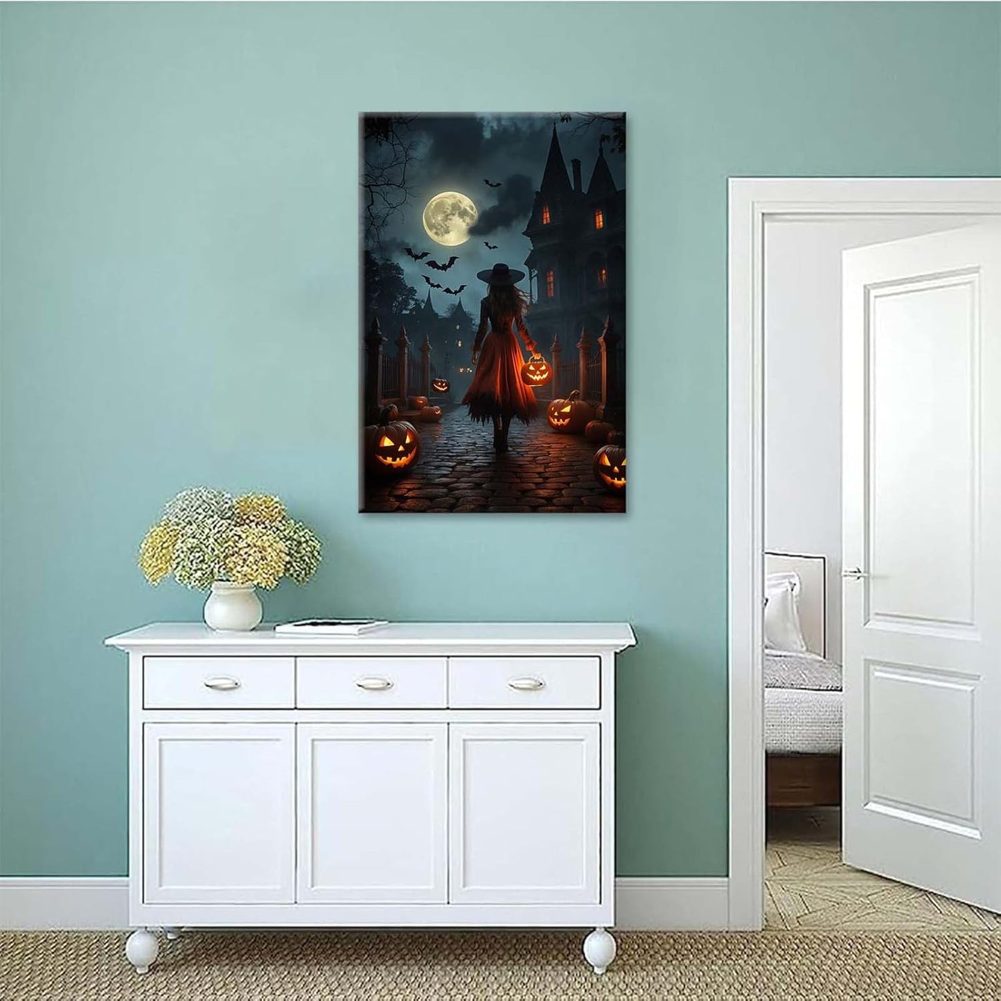 JFHCQJPK Halloween theme poster moonlit autumn night witch vintage poster art print dark college style gothic painting canvas wall decoration bedroom living room ideal gift8x12in Frameless