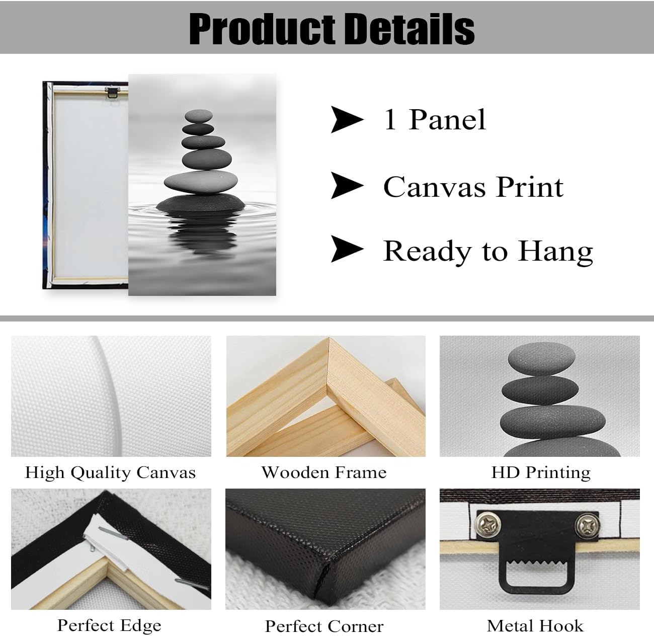 DOARTDO Zen Picture Wall Decor Black and White Zen Stone Canvas Wall Art Spa Stone Picture Print Bathroom Yoga Room Decor Frame (12.00" x 18.00", Zen Stone - 2)