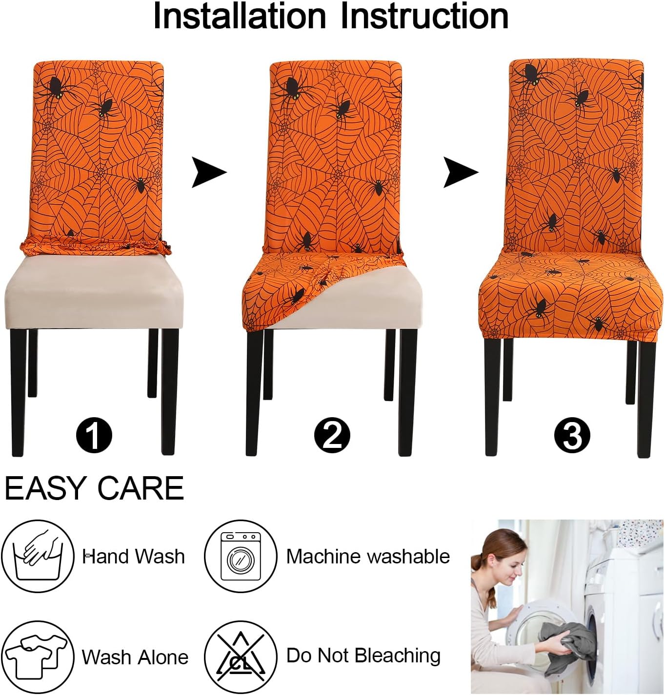 JQinHome Halloween Orange Dining Chair Slipcover, Spider Web Chair Covers Set of 4 ,High Stretch Washable Chair Protector Cover for Dining Room, Kitchen,Home Party,Wedding Ceremony(Orange, 4PC)