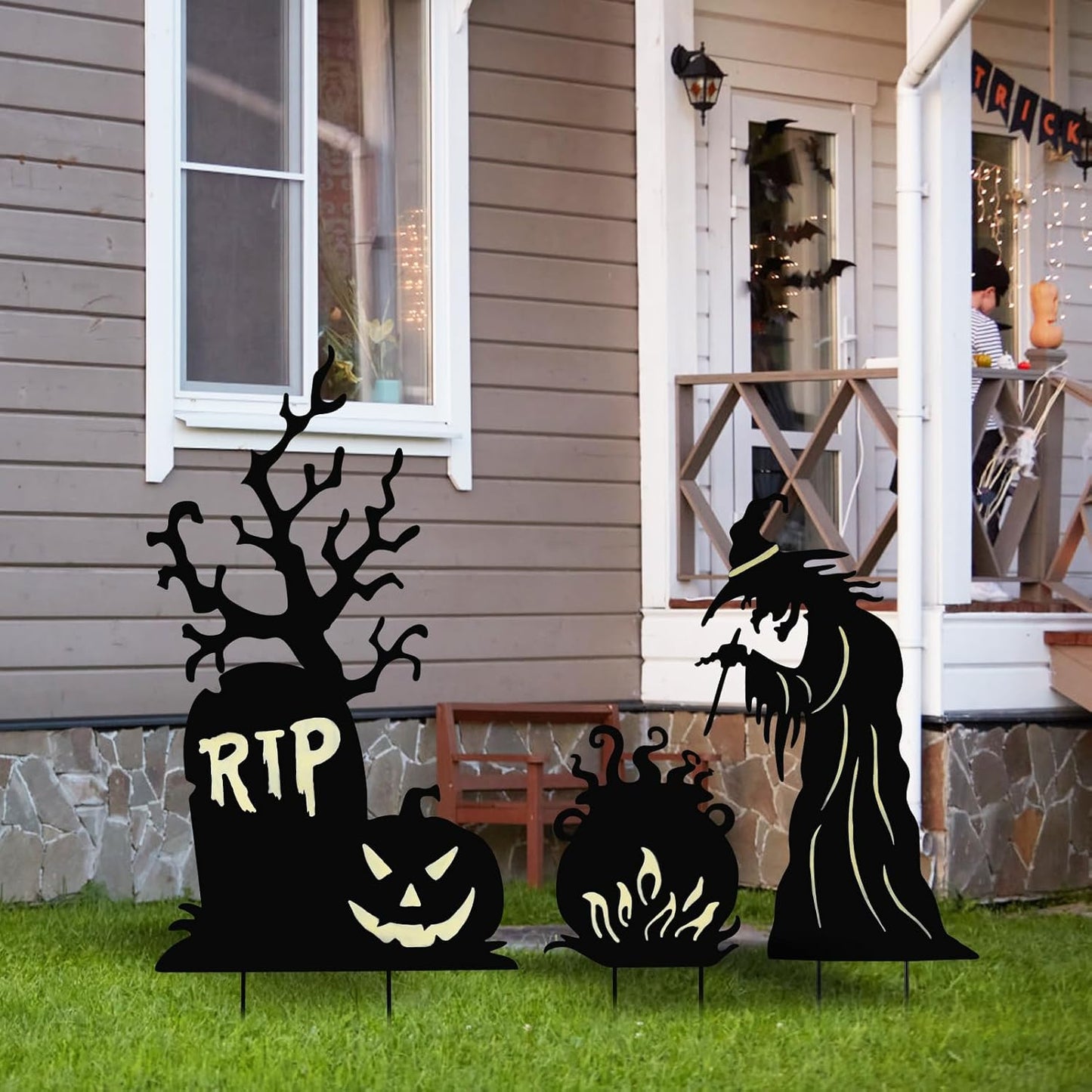 Halloween Yard Signs Outdoor Decorations,3 Pack Warerproof Scary Witch Tombstone Cauldron Fluorescent Metal Stakes Glow in The Dark for Lawn Garden Halloween Decor (Witch Tombstone Cauldron)
