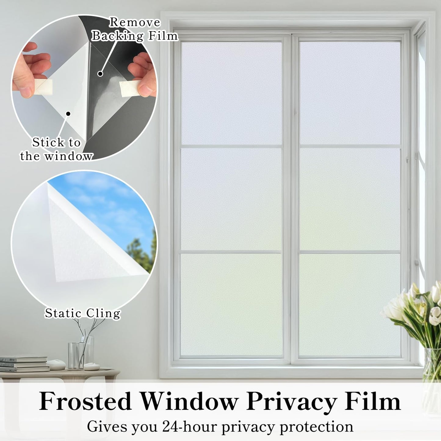 DUOFIRE Privacy Window Film Frosted Glass Film Matte White Static Cling Glass Film No Glue Anti-UV Window Sticker Non Adhesive for Privacy Office Meeting Room Bathroom Living Room DS001W 17.4x78.7in