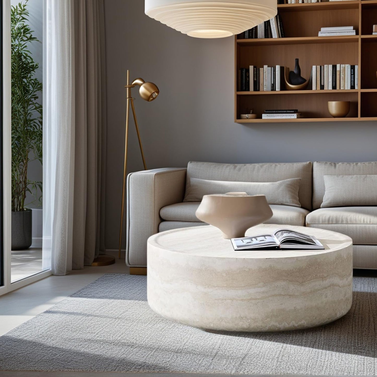 Faux Marble Coffee Table, Modern Round Coffee Table for Living Room, Circle Drum Coffee Side Tables, Fiberglass Center End Table for Small Place Apartment Office (35.43" Marble)